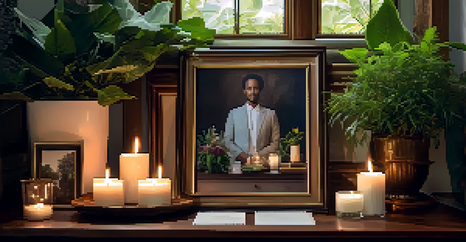 A home altar with ancestor photos, candles, and plants, bathed in soft warm light, creating a tranquil space for reflection.