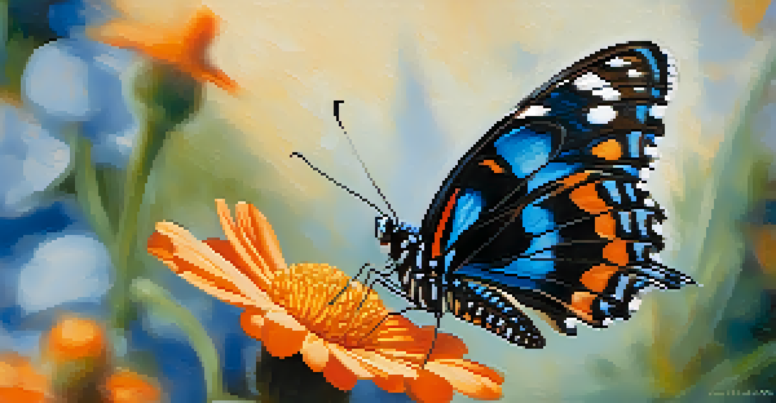 A close-up of a colorful butterfly perched on a flower, highlighting its intricate wing patterns and the flower's soft petals.