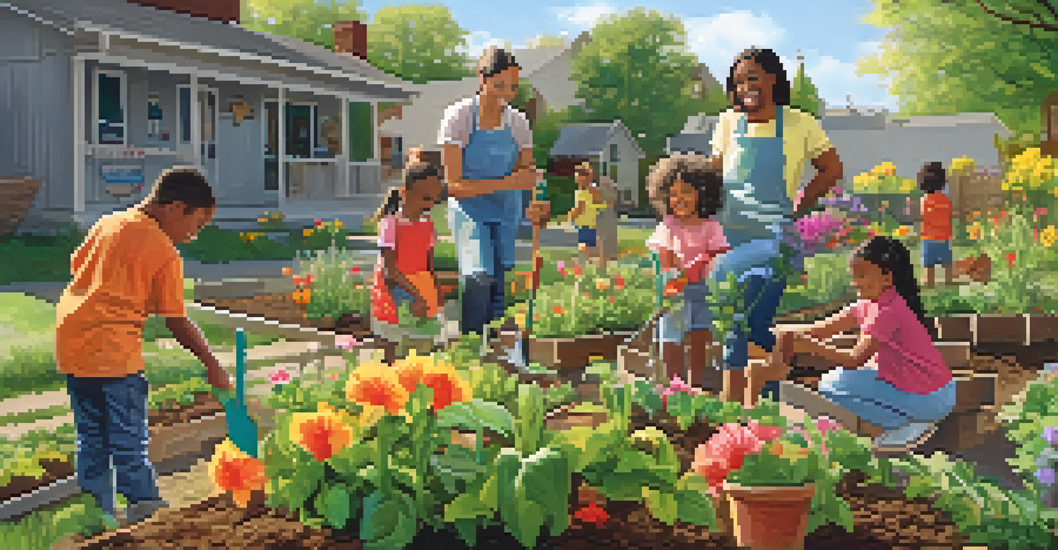 A family planting flowers together in a community garden, smiling and engaged, with a colorful backdrop and a sign that reads 'Community Garden.'