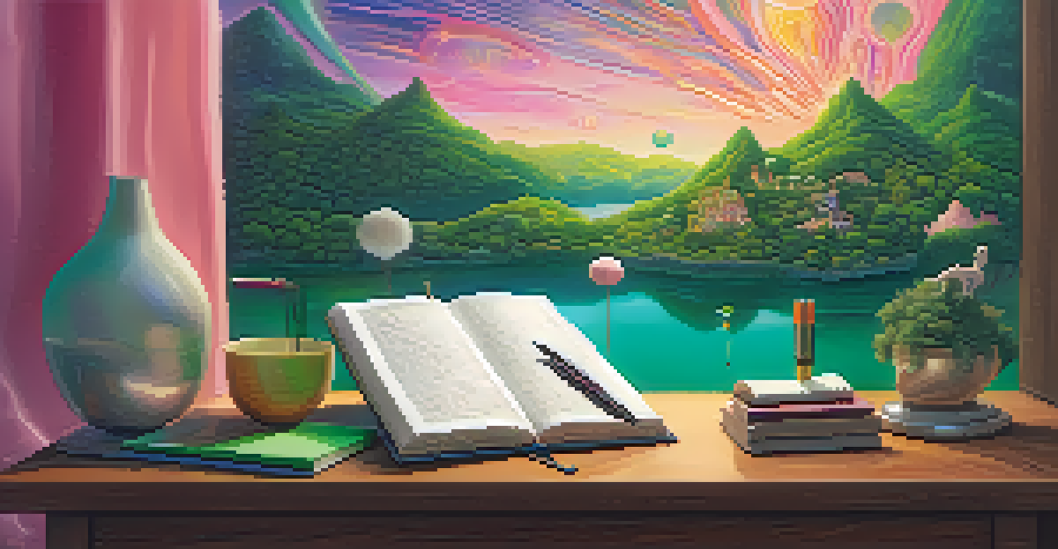 An open dream journal on a bedside table with a pen, set against a blurred magical landscape.