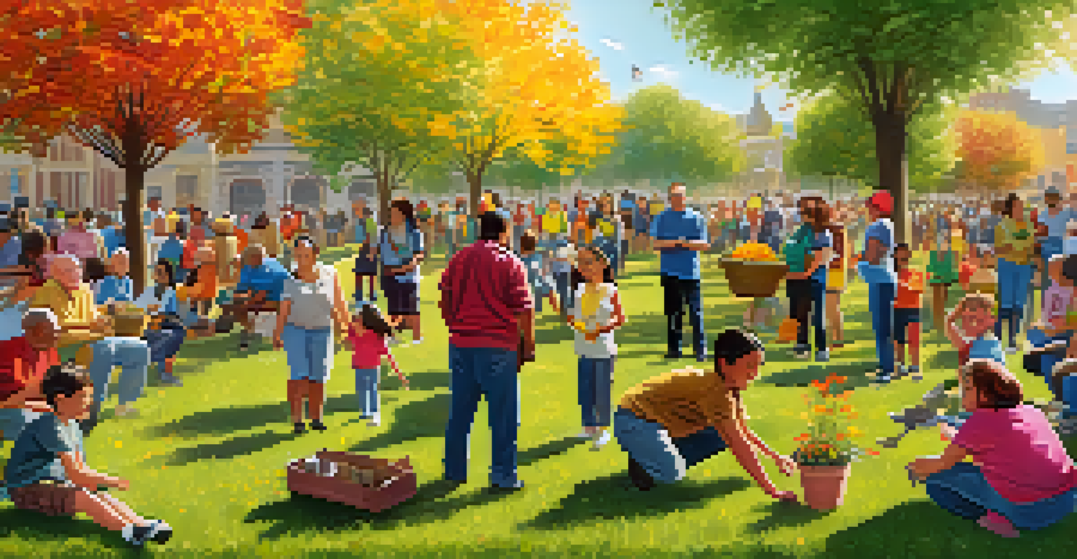 A diverse group of people of all ages planting trees together in a sunny park, surrounded by blooming flowers, demonstrating community service and teamwork.