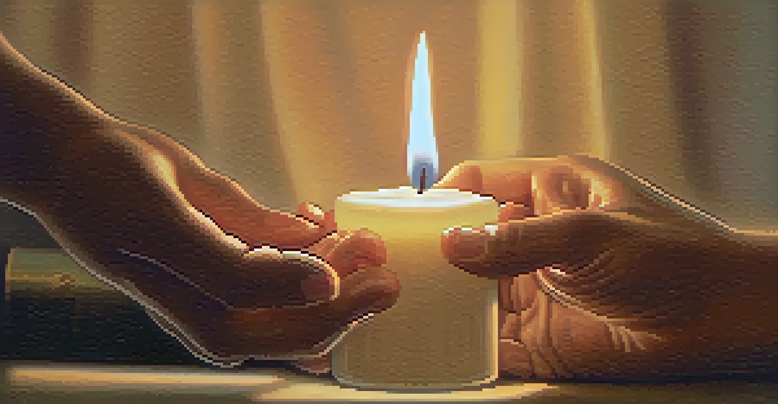 Hands holding a lit candle with a soft glowing background.