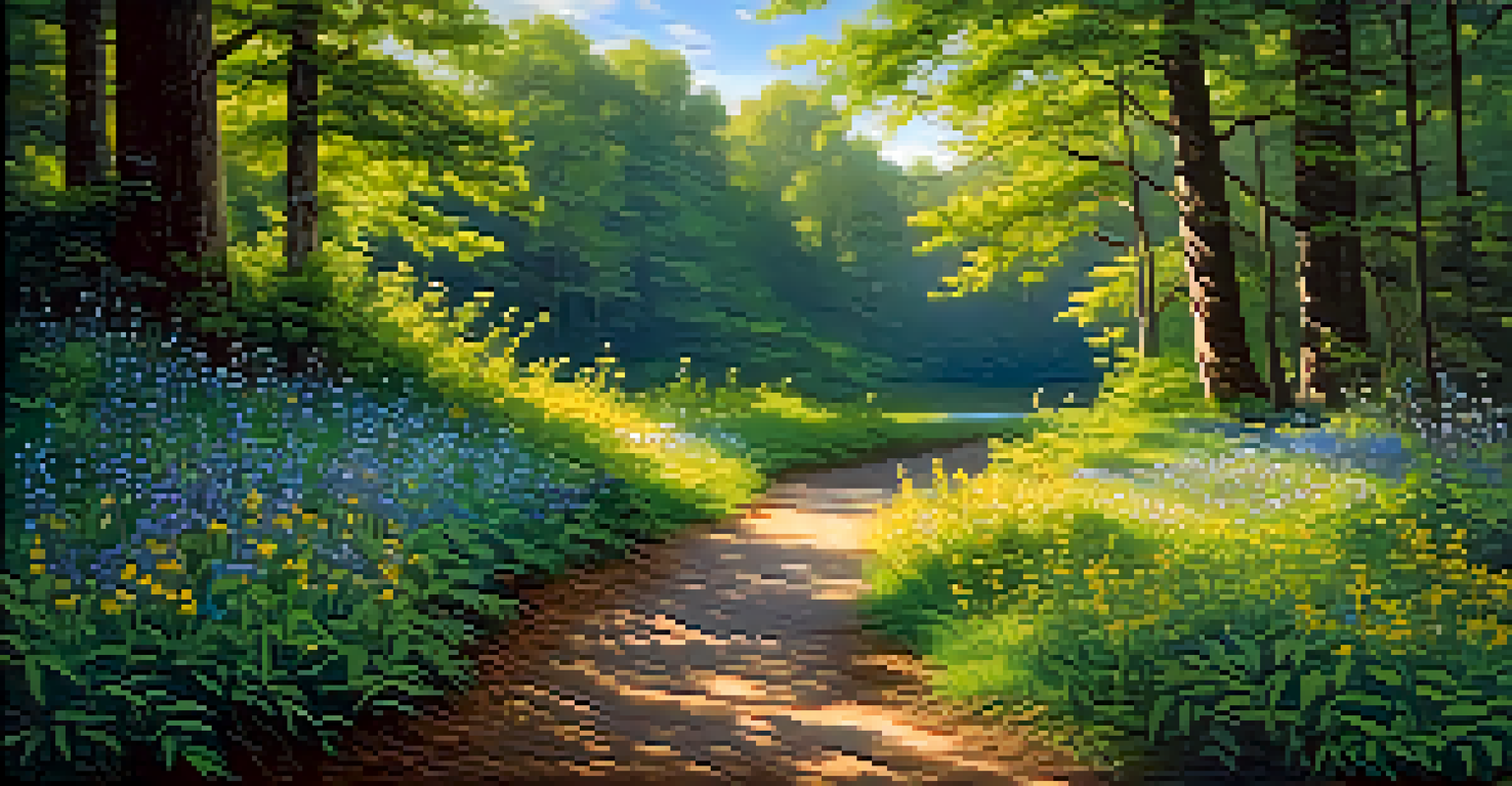 A peaceful forest path leading to a lake, with sunlight filtering through the trees and colorful wildflowers blooming along the sides.
