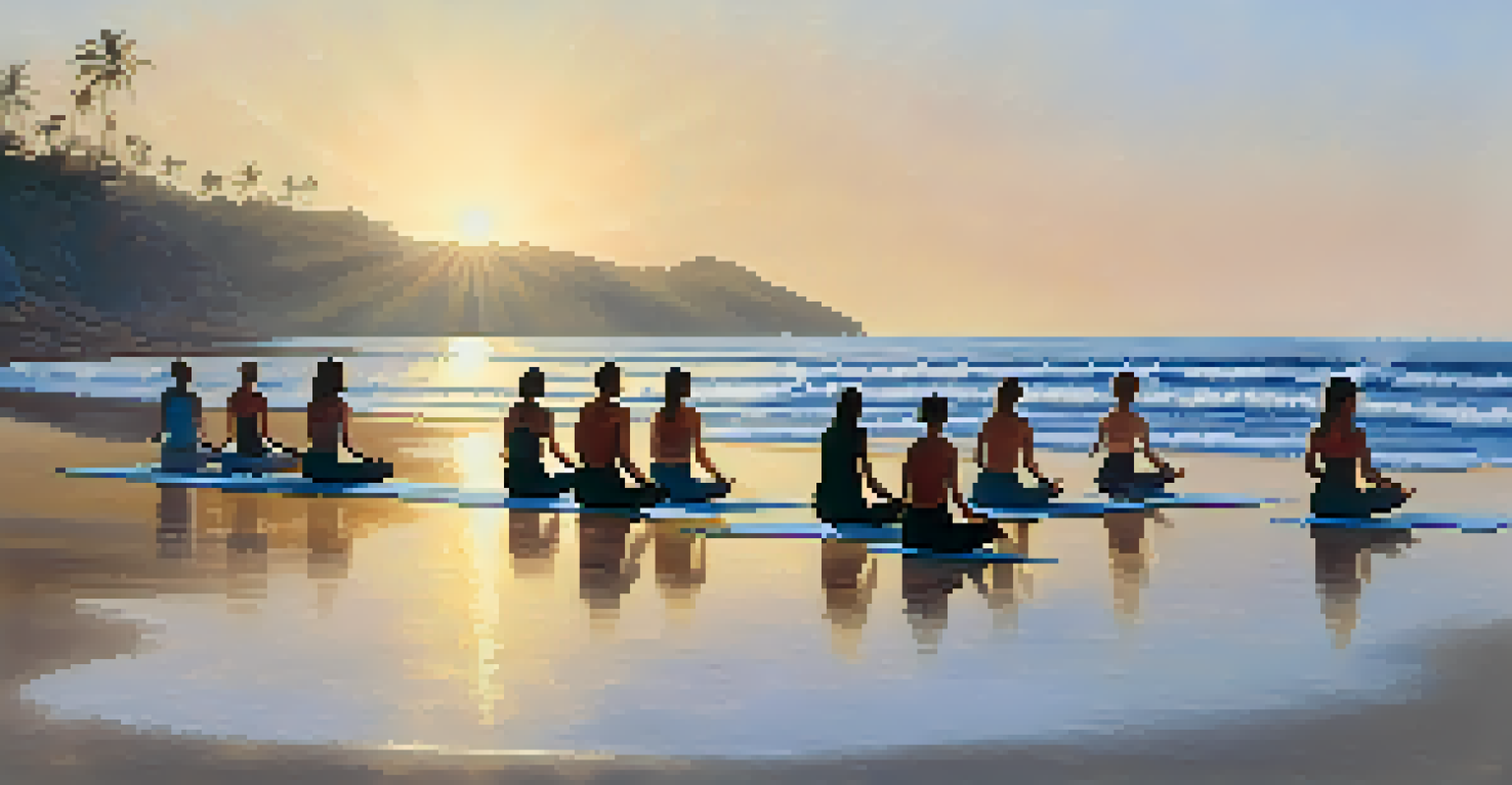 Practitioners performing yoga at sunrise on a beach, conveying peace and mindfulness.