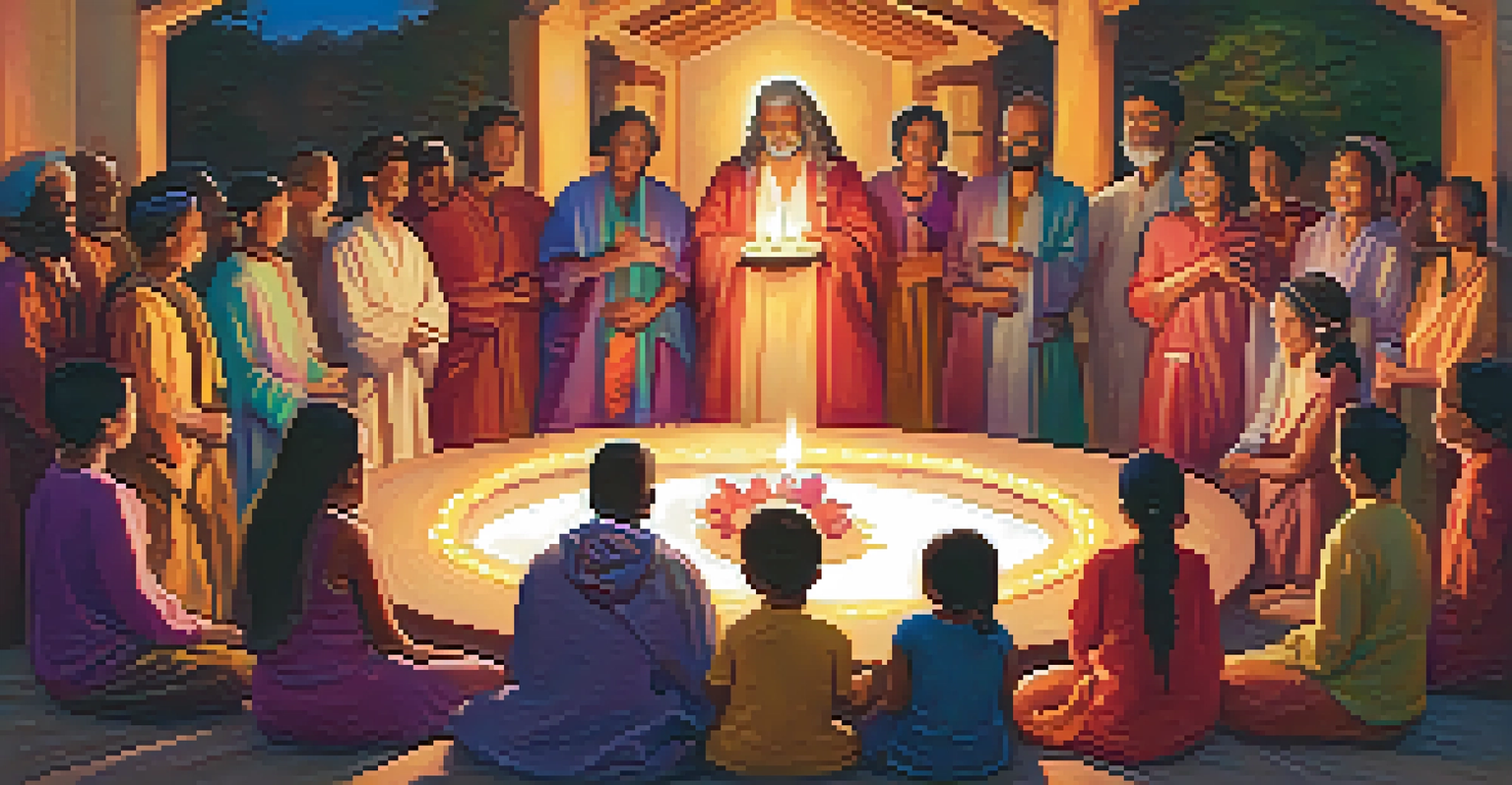 A diverse group of people holding hands in a circle during a joyful spiritual ritual surrounded by candles.