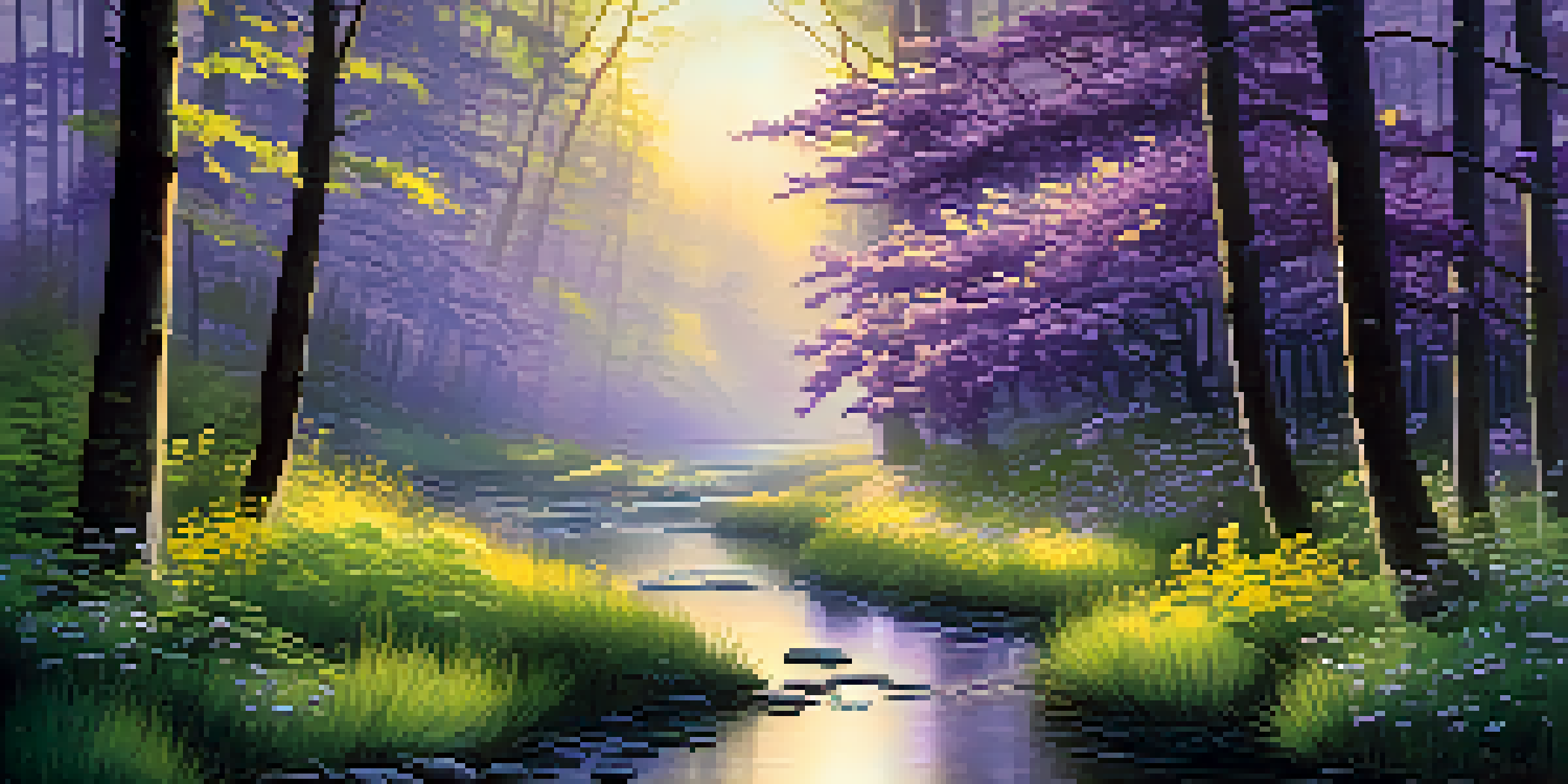 A peaceful forest at dawn with sunlight filtering through trees and a stream flowing, surrounded by wildflowers.