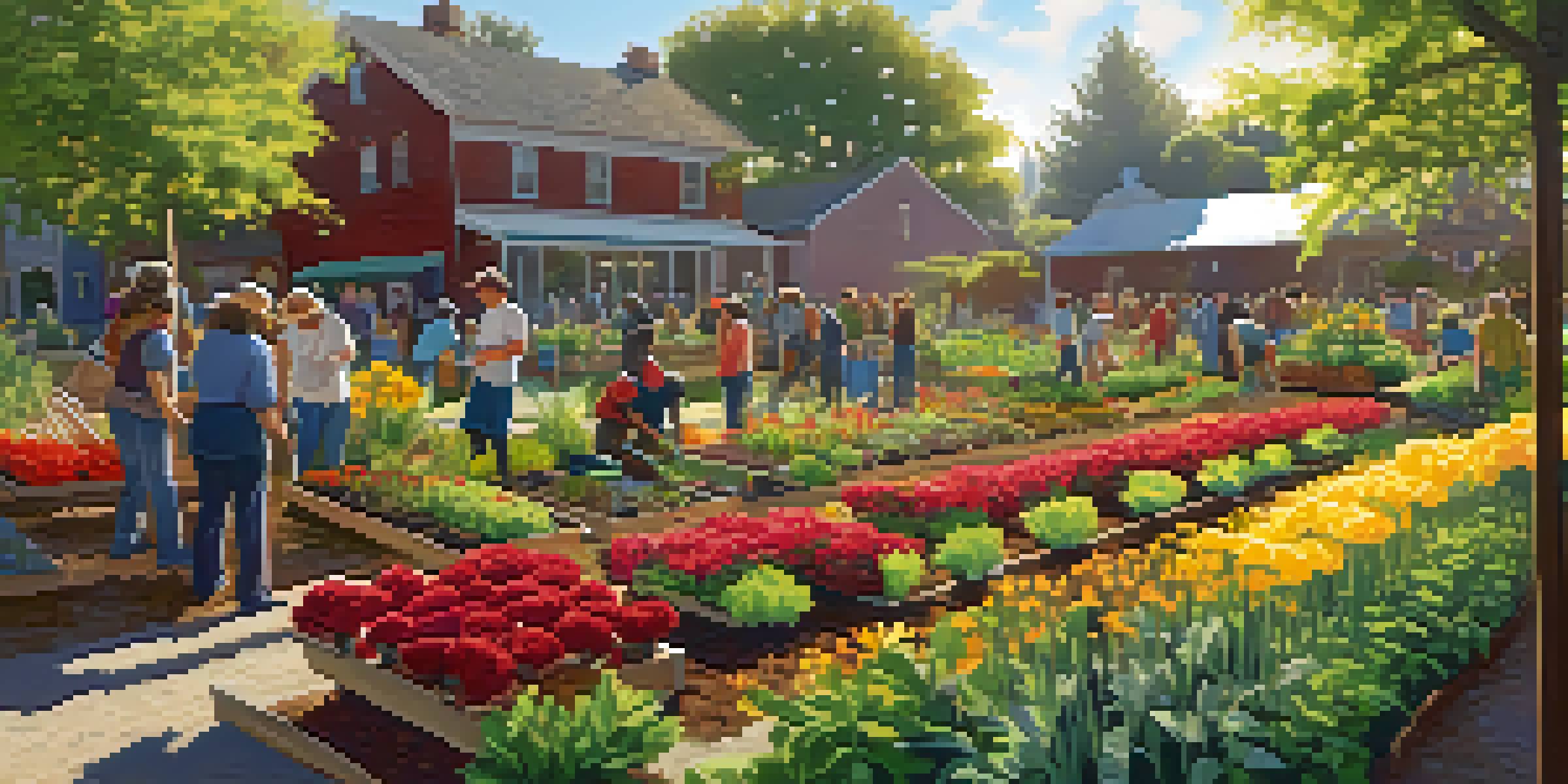 A community garden with people planting flowers and vegetables in the morning light, surrounded by greenery and colorful blooms.
