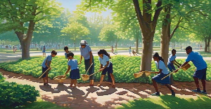A diverse group of people joyfully planting trees in a sunny park, symbolizing community service and unity.