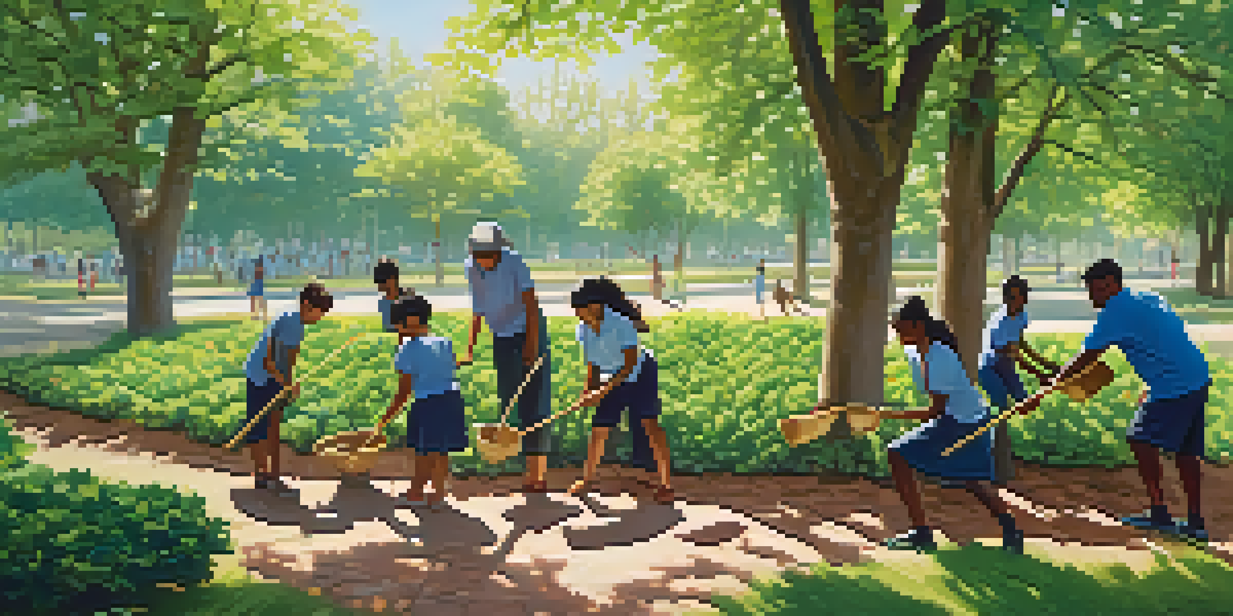 A diverse group of people joyfully planting trees in a sunny park, symbolizing community service and unity.