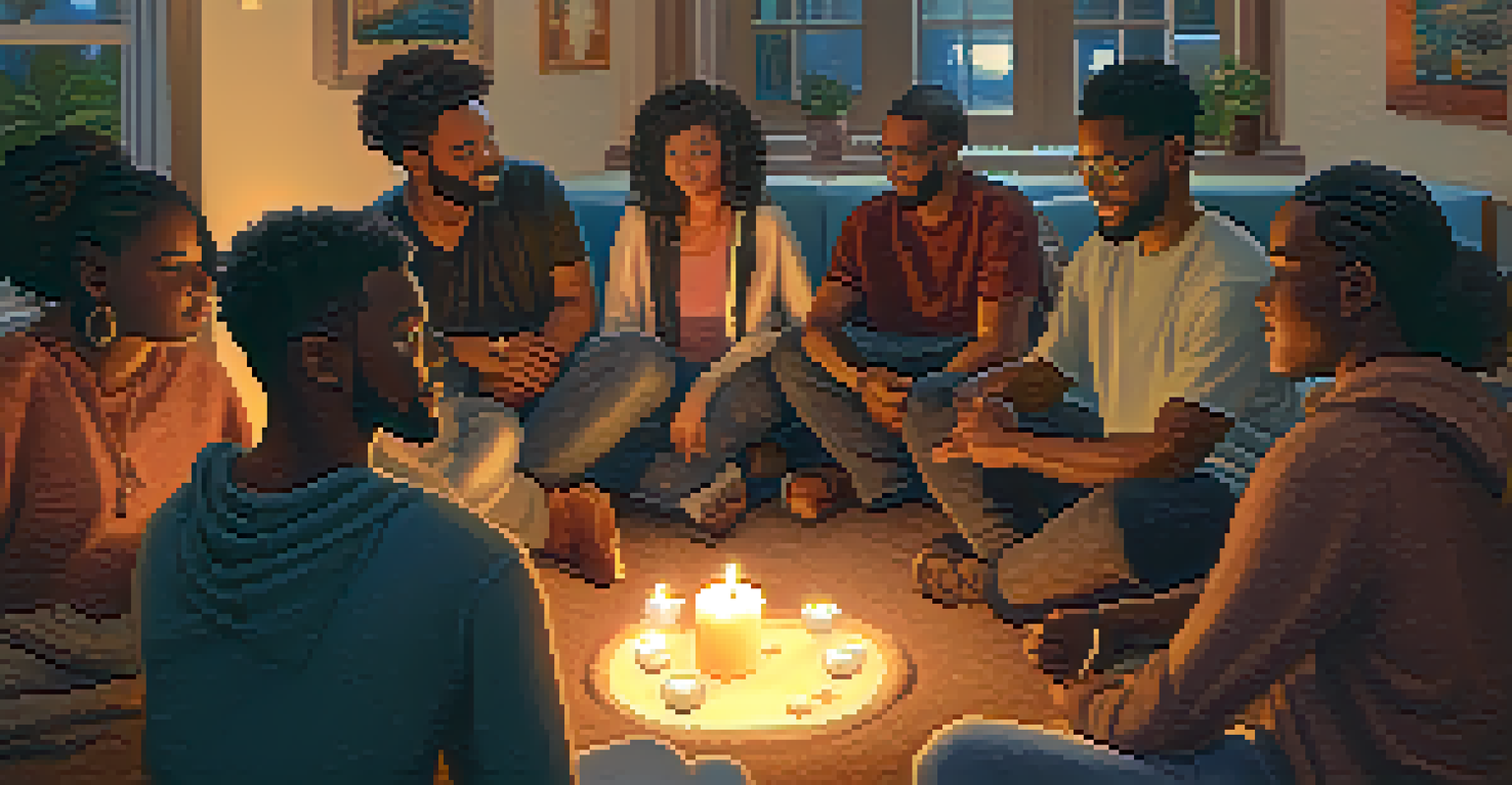 A diverse group of people in a circle, sharing and supporting each other in a cozy community space.