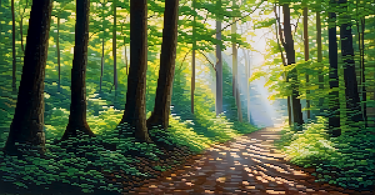 A woodland path surrounded by tall trees and sunlight filtering through the leaves, creating shadows on the ground.