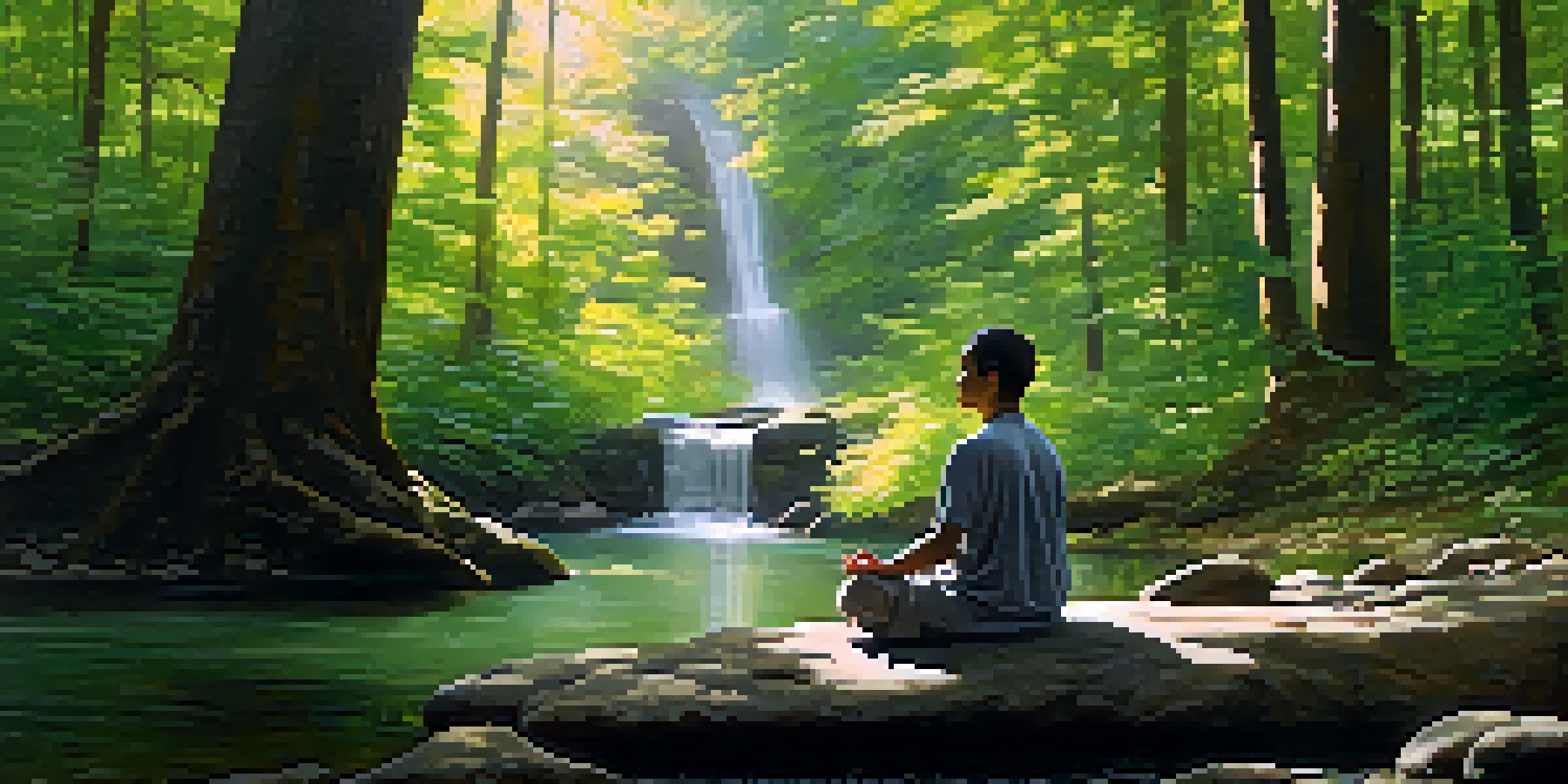 A person meditating peacefully in a sunlit forest, with trees and a gentle stream in the background.