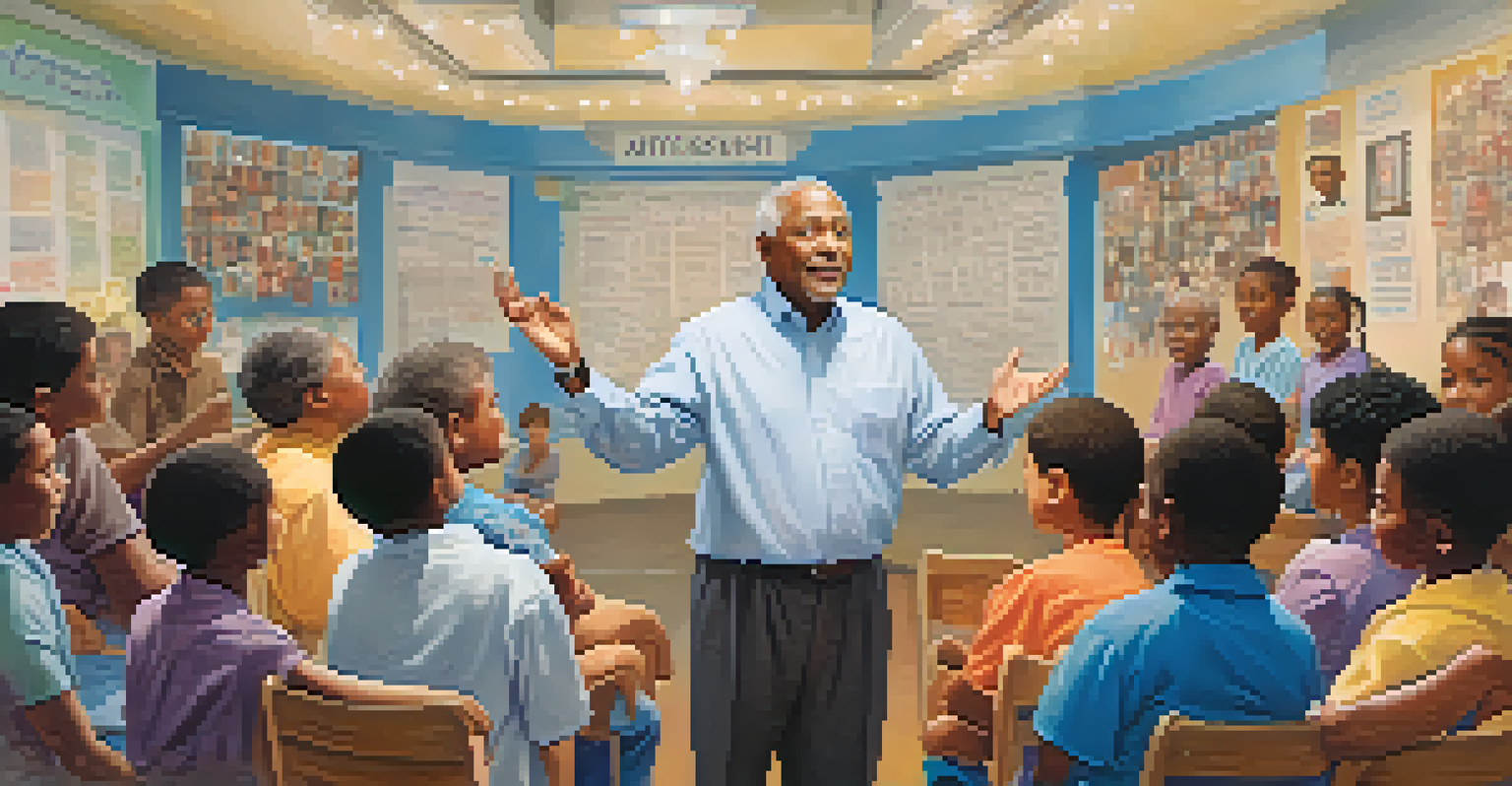 A compassionate leader addressing a diverse group in a community center, with motivational posters in the background.