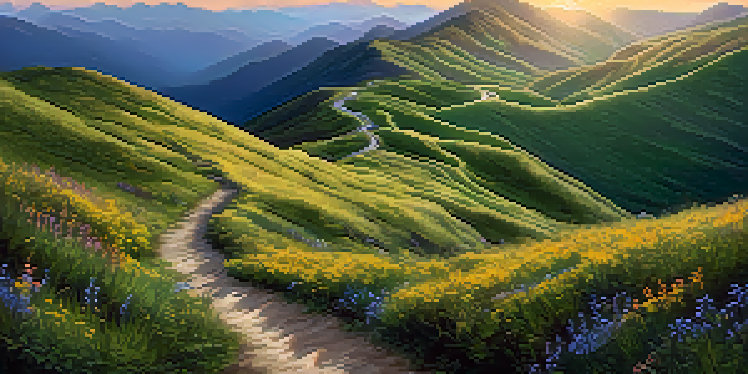 A lone pilgrim walks along a winding path through a lush green mountain landscape at sunrise, with blooming wildflowers and soft golden light.