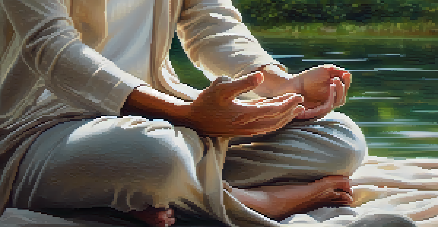 Close-up of hands in a mudra position during meditation, with a serene landscape in the background.