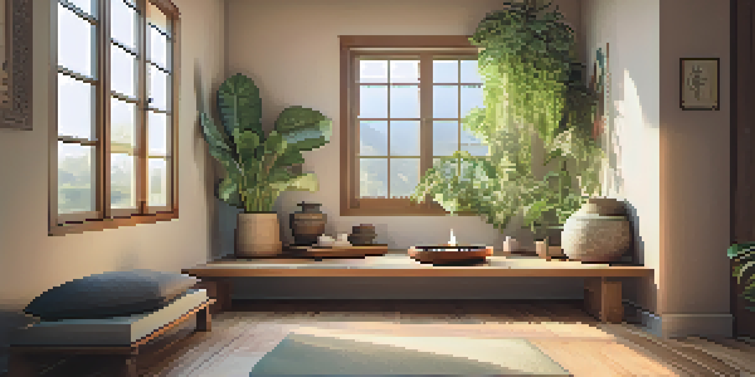 A peaceful meditation space with natural light, a mat, cushions, a candle, and a Tibetan singing bowl surrounded by plants.