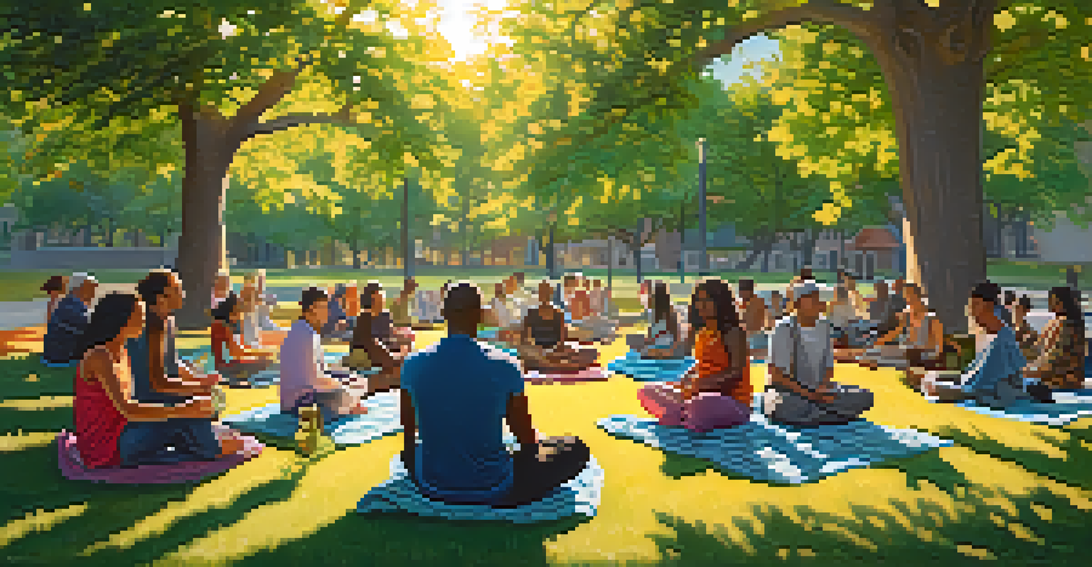 A diverse group of individuals meditating together in a circle in a tranquil park, with sunlight filtering through the leaves.