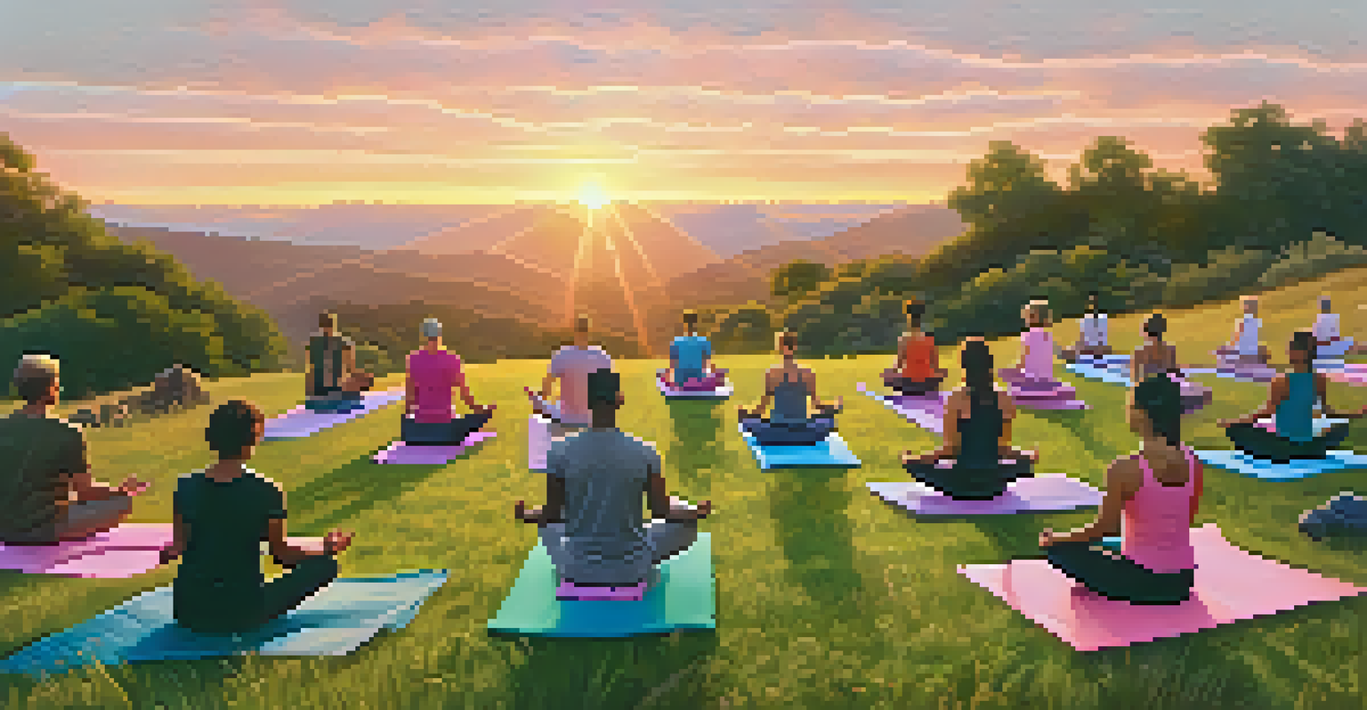 Individuals practicing yoga on a grassy hillside at sunrise, with a colorful sky and a peaceful atmosphere.