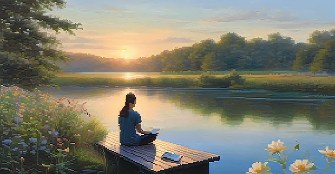 A person meditating on a dock at sunrise, with a gratitude journal in their lap and a peaceful lake surrounded by trees.