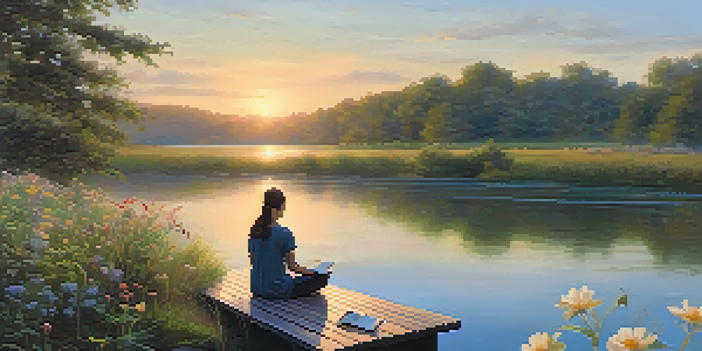 A person meditating on a dock at sunrise, with a gratitude journal in their lap and a peaceful lake surrounded by trees.