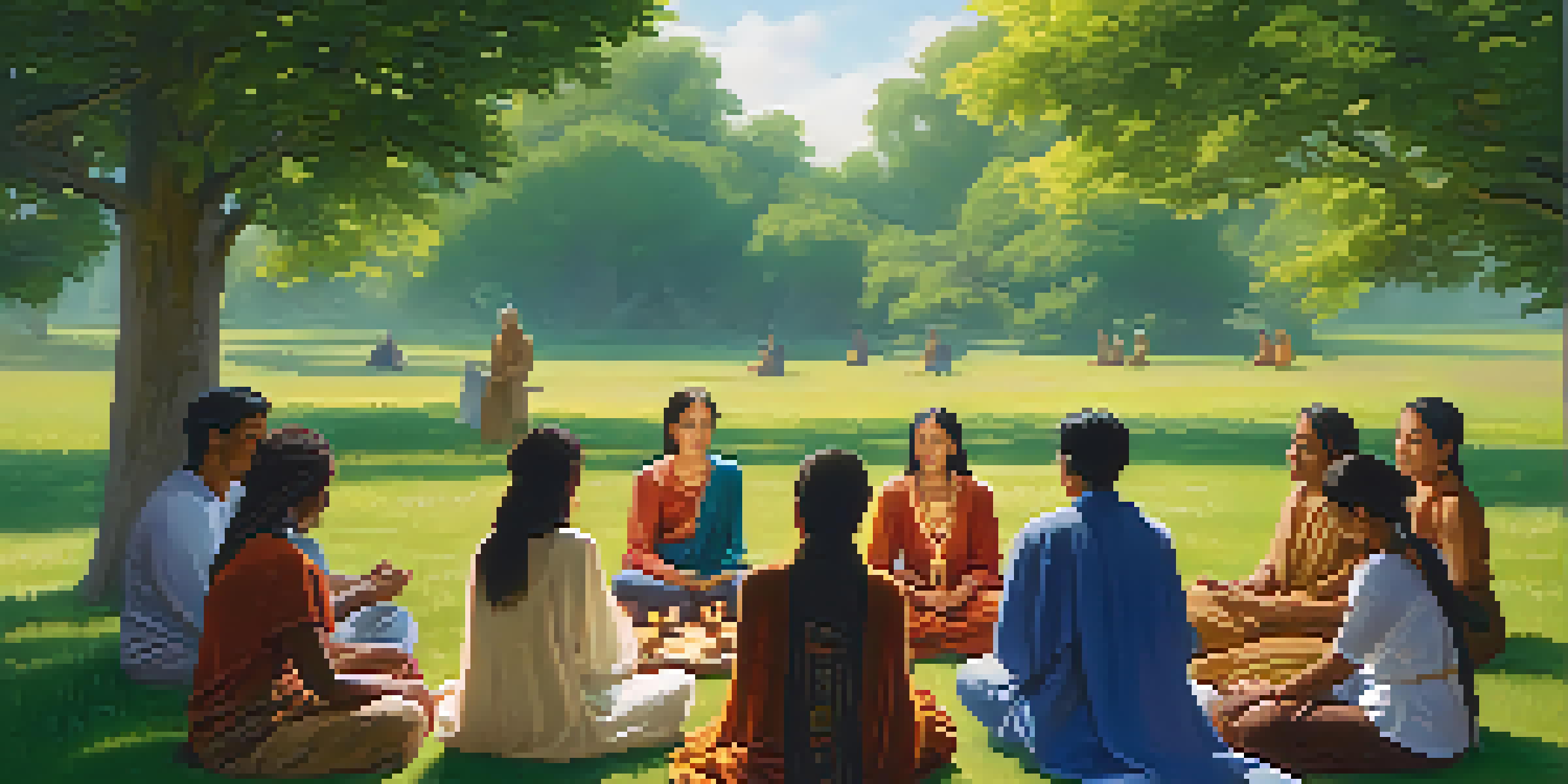 A diverse group of people in a circle on a green meadow, engaging in a spiritual gathering, surrounded by trees and soft sunlight.