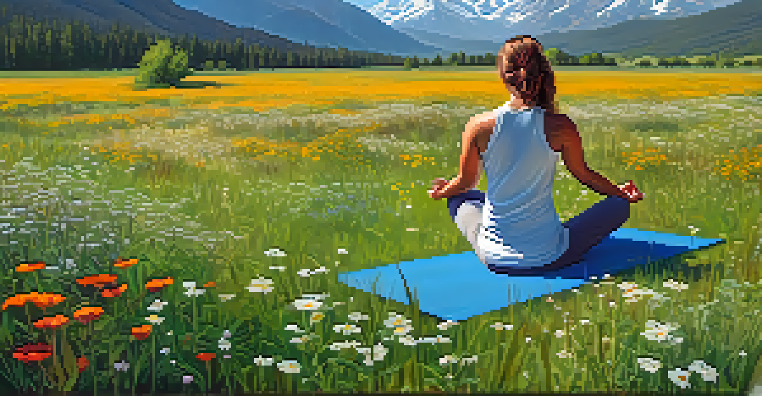 A person practicing yoga in a colorful meadow with mountains in the background and a clear blue sky, representing spirituality and nature.