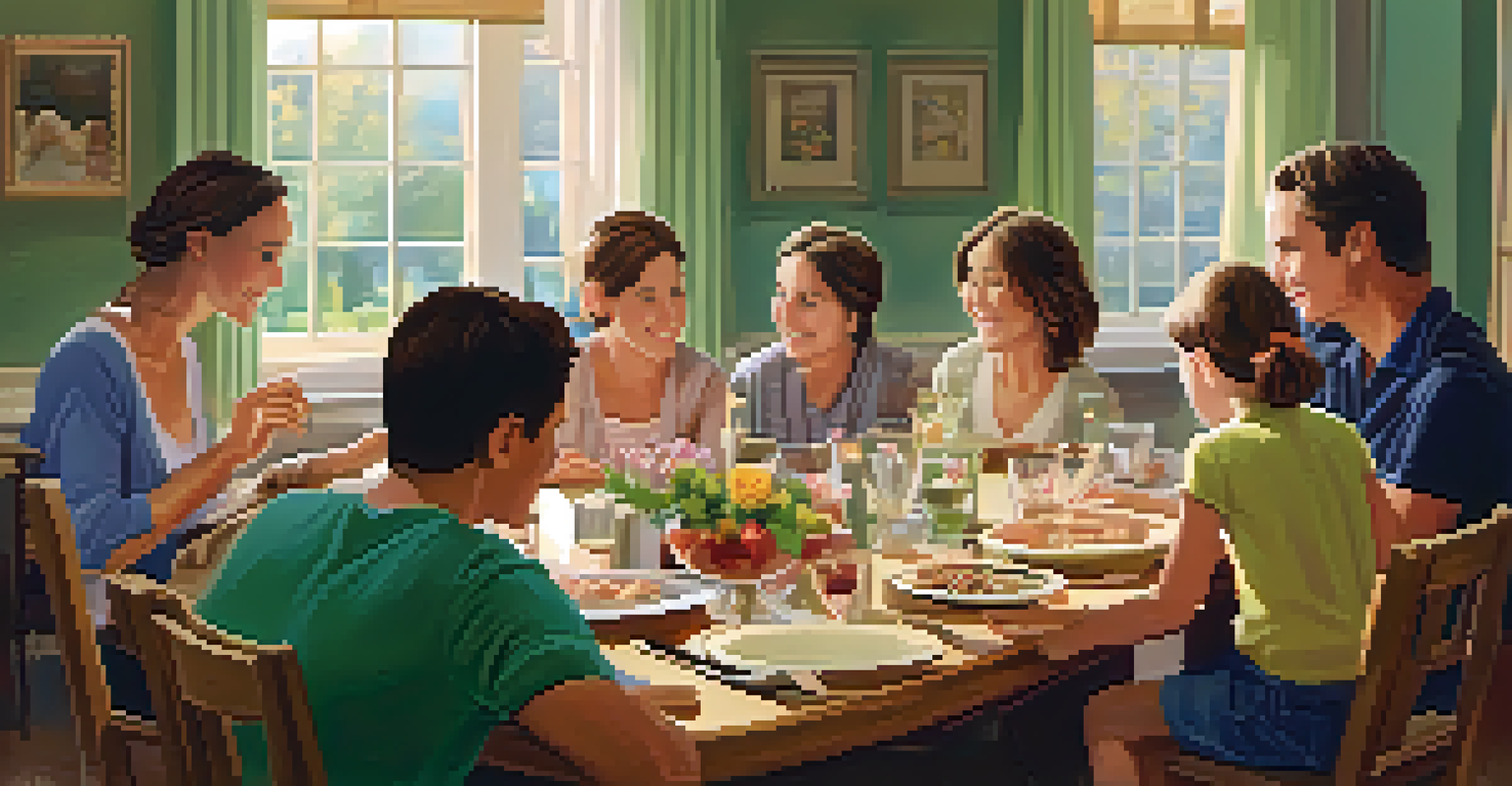 A family sitting around a dining table, engaging in an open discussion about feelings and experiences in a supportive atmosphere.
