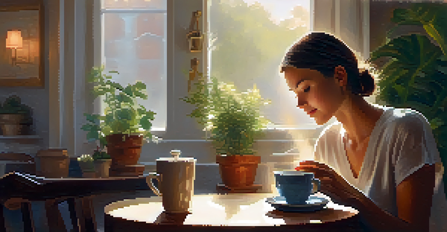 A person holding a steaming cup of coffee, with soft morning light coming through a window, and a gratitude journal on the table.
