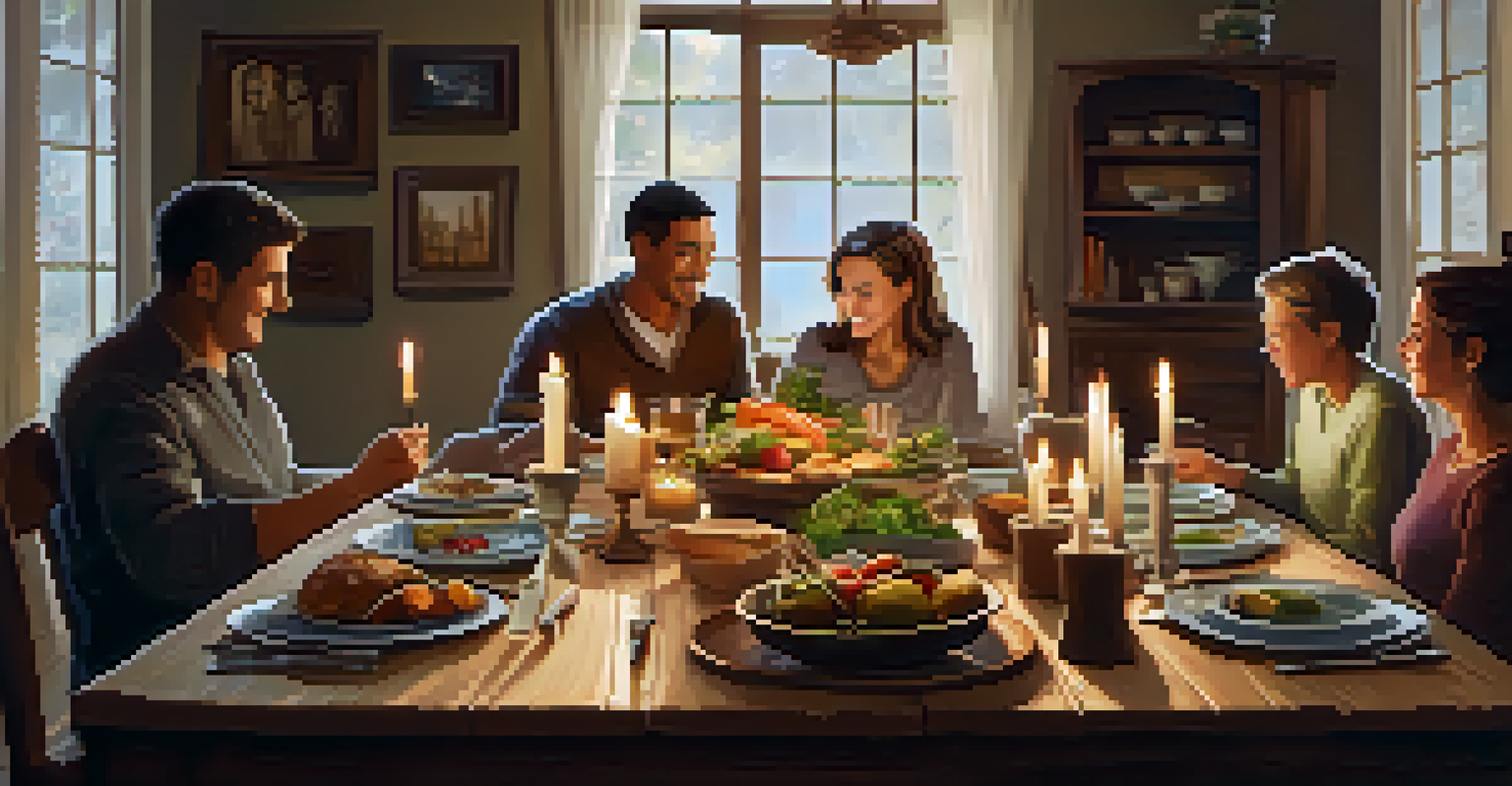 A family gathered around a wooden table during dinner, discussing their spiritual goals, with candles and healthy food arranged beautifully on the table.