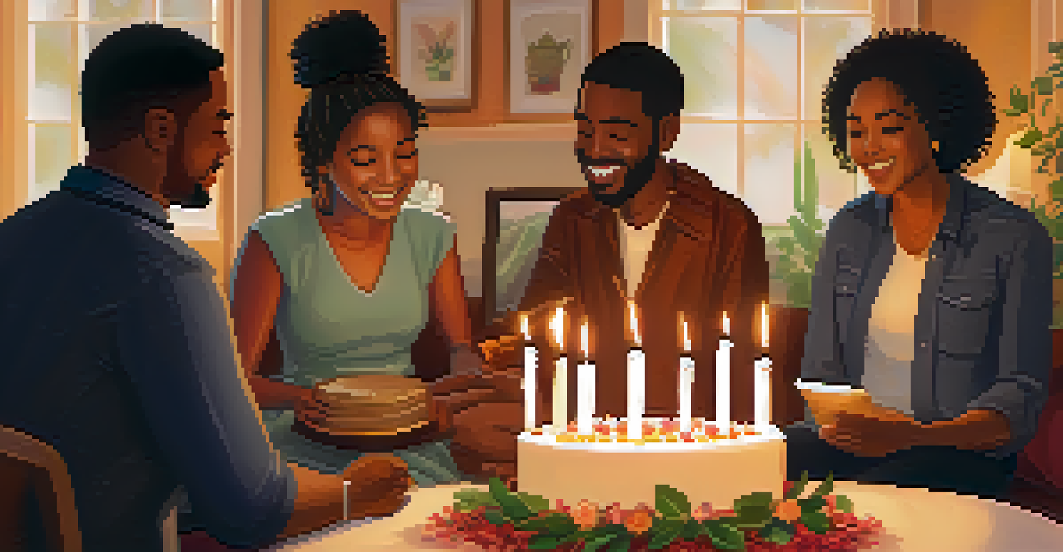 A warm indoor naming ceremony with family members around a table, candles, and floral arrangements, emphasizing love and cultural heritage.