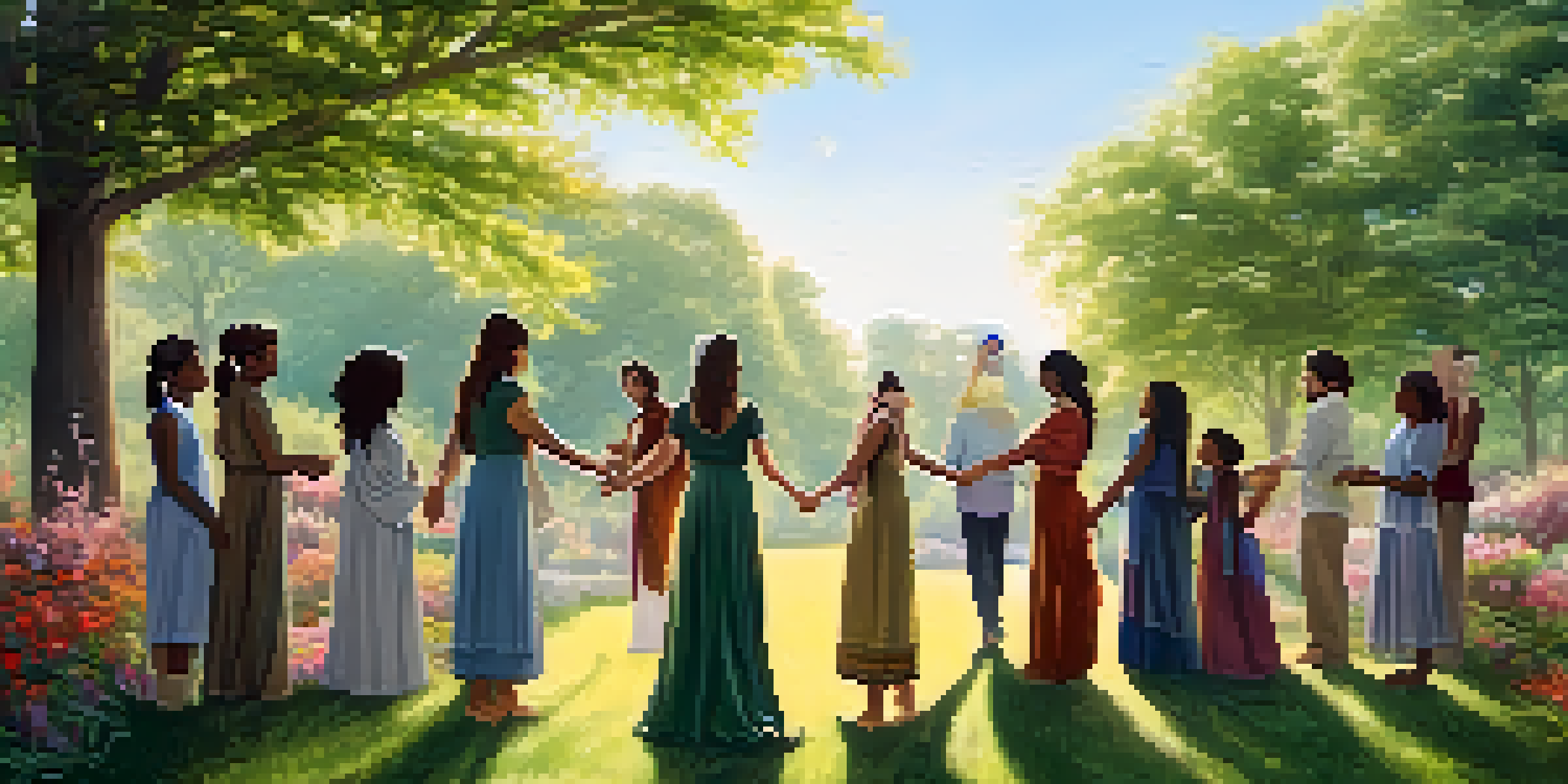 A diverse group of individuals holding hands in a circle during a spiritual gathering in a sunny park, surrounded by blooming flowers and trees.
