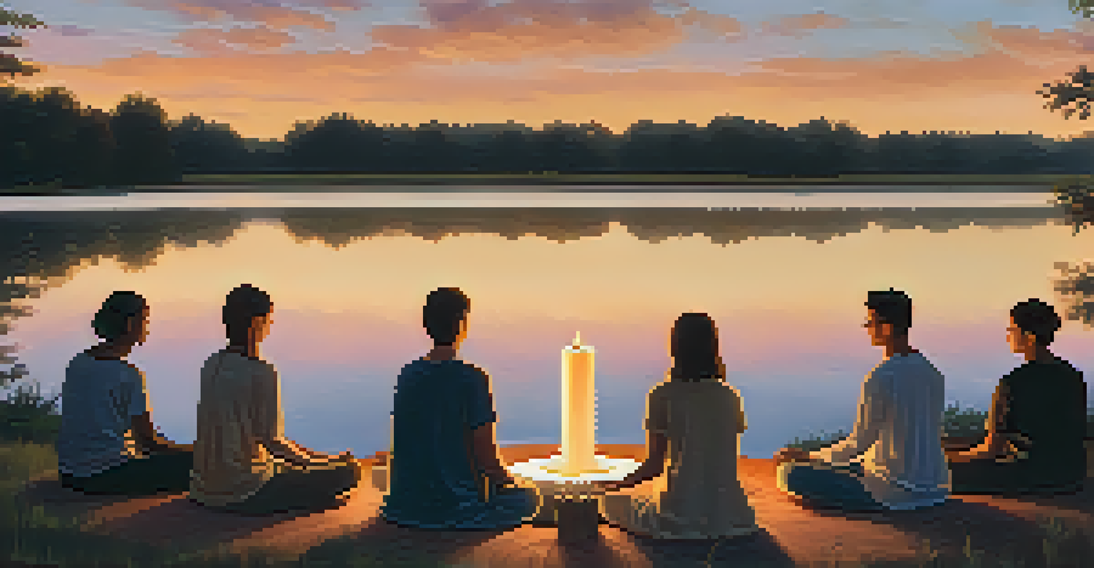 A group of people in a prayer circle at sunset, holding hands and surrounded by candles by a tranquil lake.