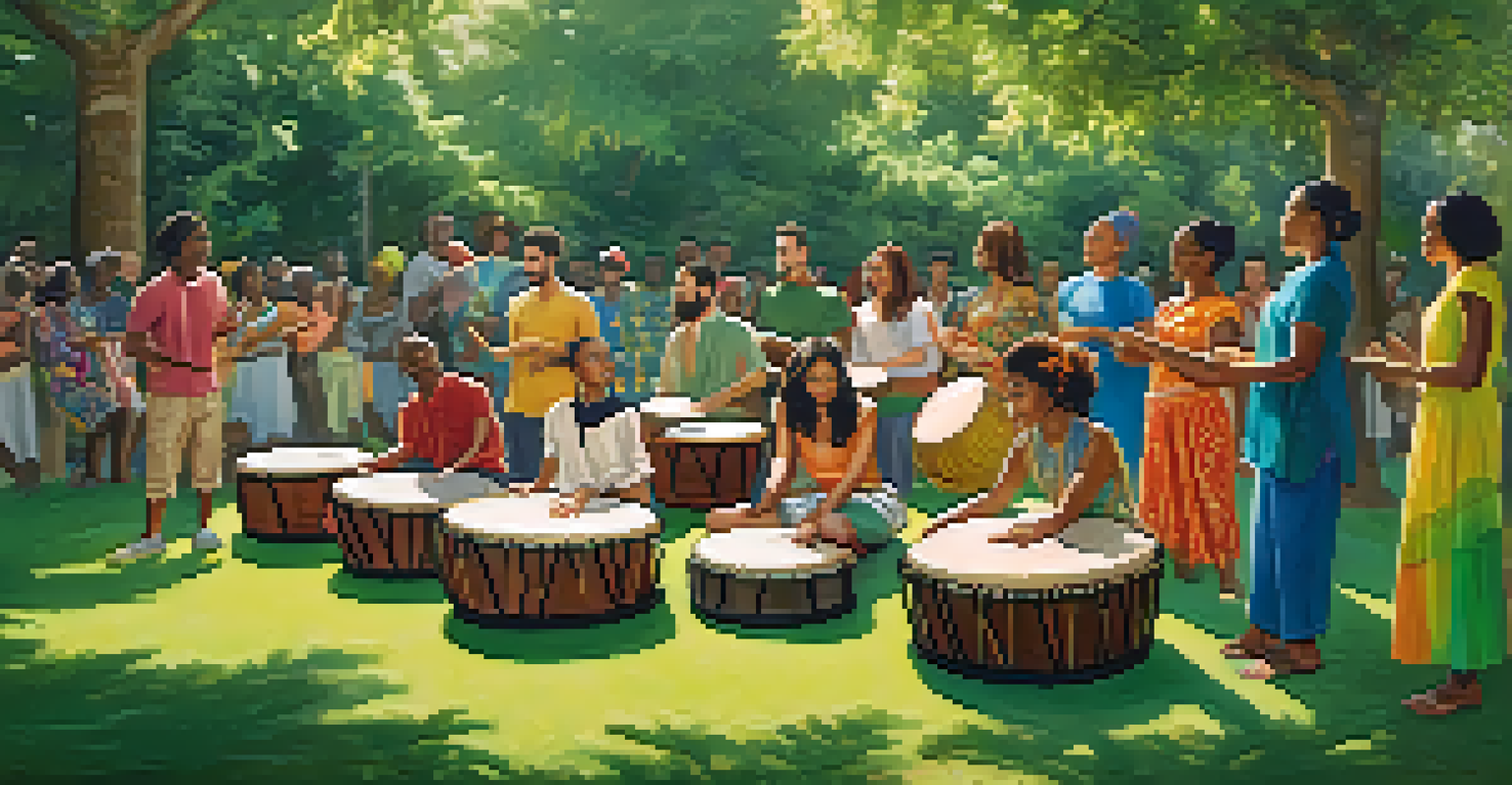 A diverse group of people participating in a drum circle outdoors, surrounded by lush greenery and sunlight filtering through the trees.