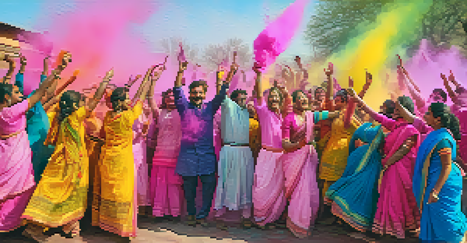 A joyous Holi festival with people throwing colorful powders, creating a vibrant atmosphere filled with laughter and celebration.