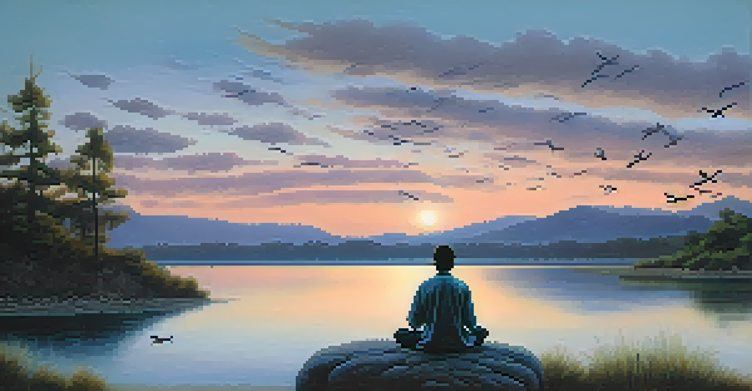A person meditating by a calm lake at sunset, surrounded by nature and soft pastel colors.