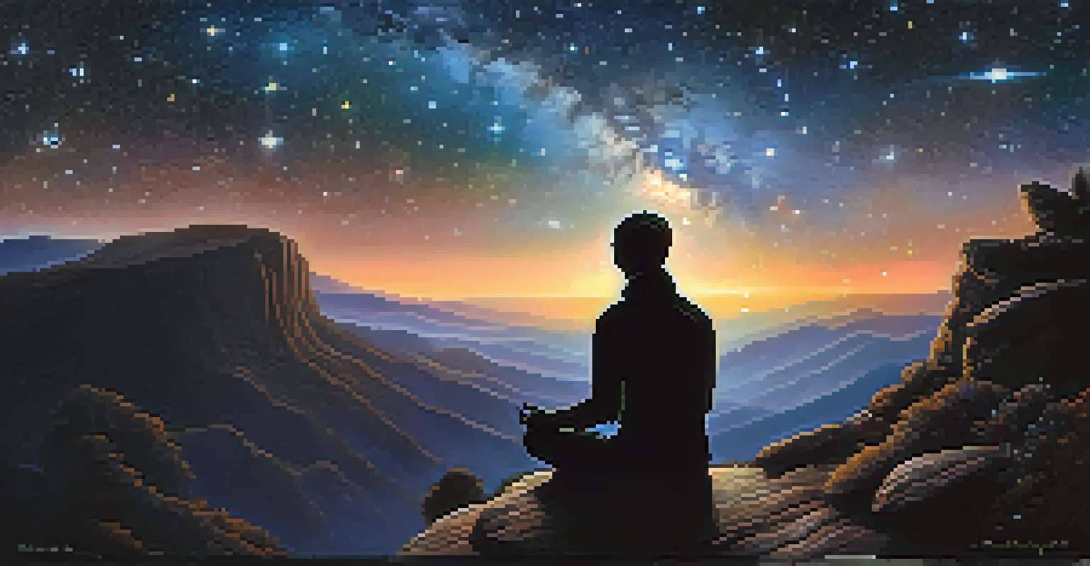 A silhouette meditating on a cliff under a starry night sky, symbolizing spirituality and the universe.