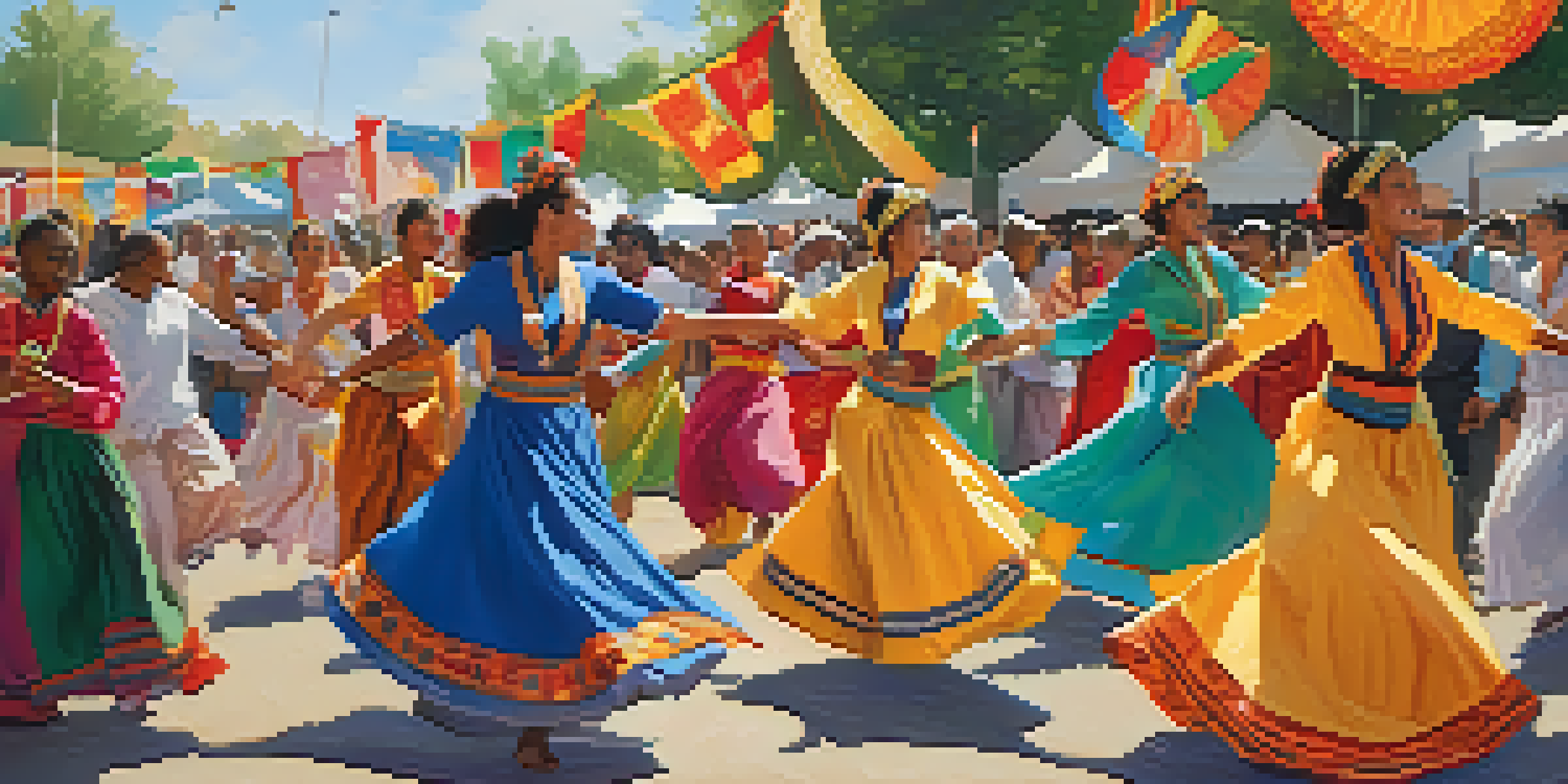 A lively multicultural festival with diverse artists performing traditional dances, colorful banners, and attendees of various ethnic backgrounds interacting in the sunlight.