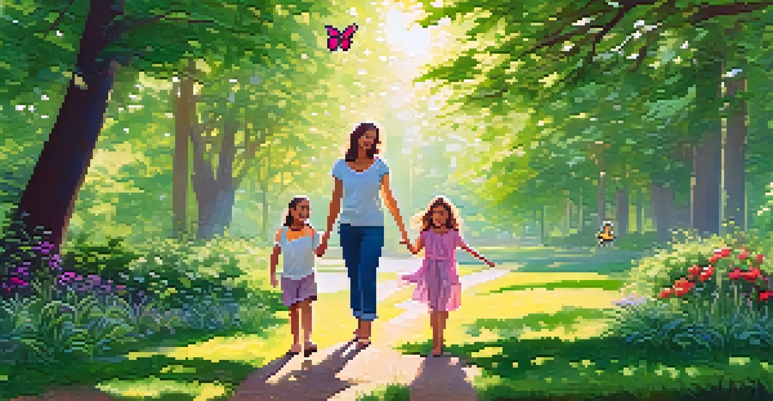 A family walking in a lush green park, pointing at butterflies, enjoying a mindfulness exercise together.