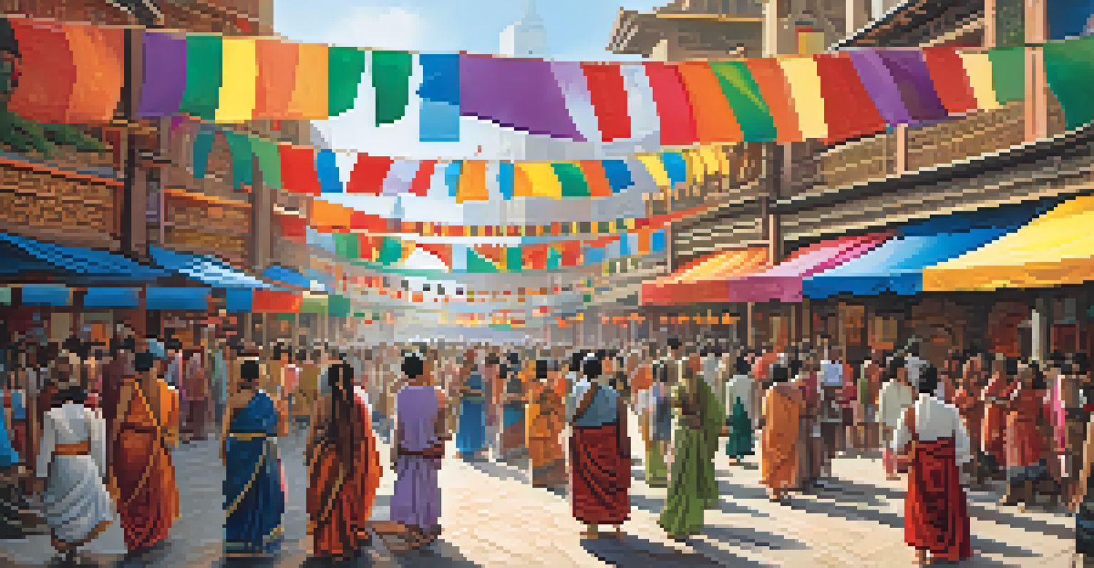 A lively city street filled with people celebrating a cultural festival, practicing yoga and meditation, surrounded by colorful decorations and banners.