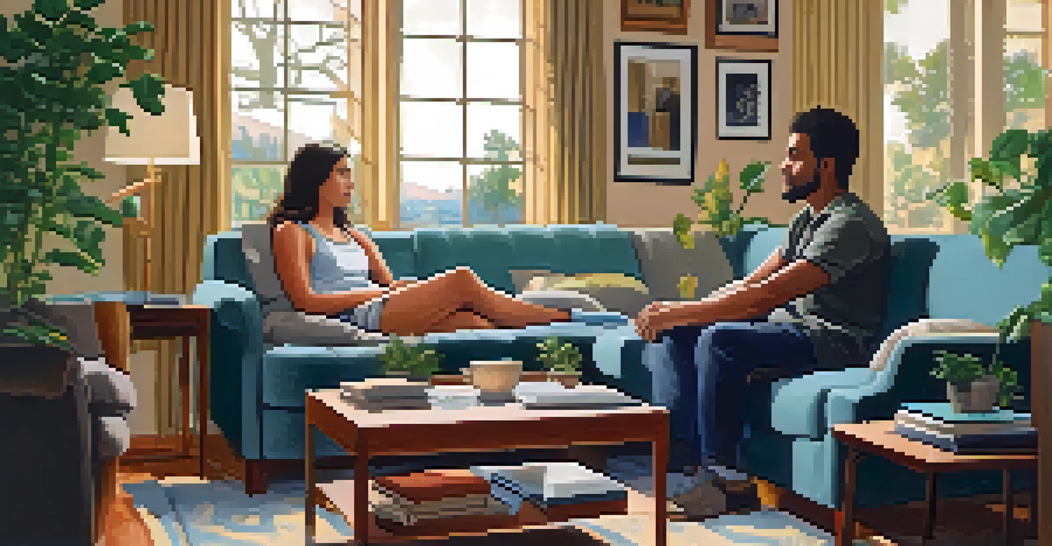 Two friends in a cozy living room, one listening attentively while the other speaks, creating an atmosphere of understanding.