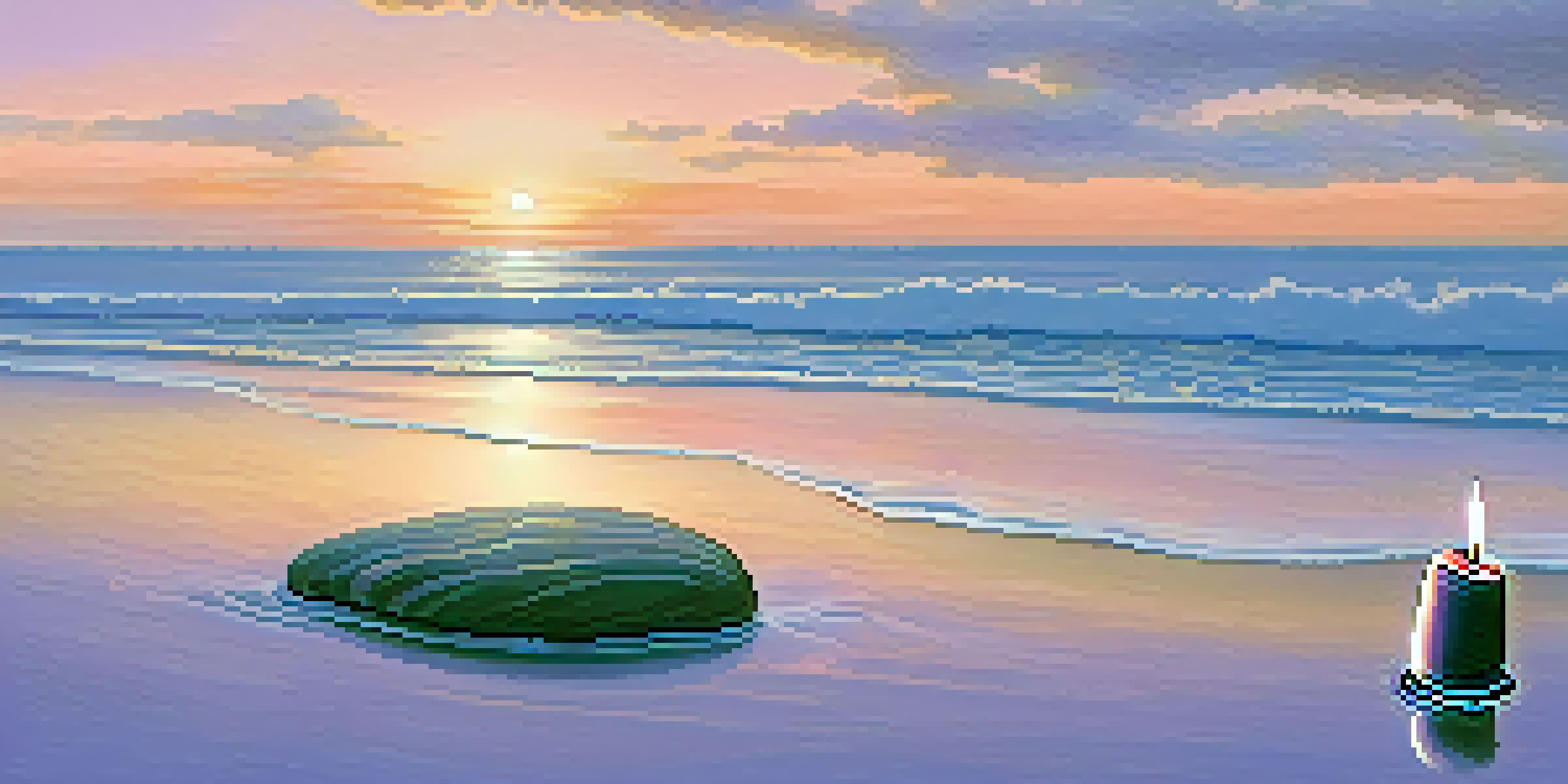 A tranquil beach at sunrise with soft colors in the sky and a candle lit on a stone, representing remembrance.