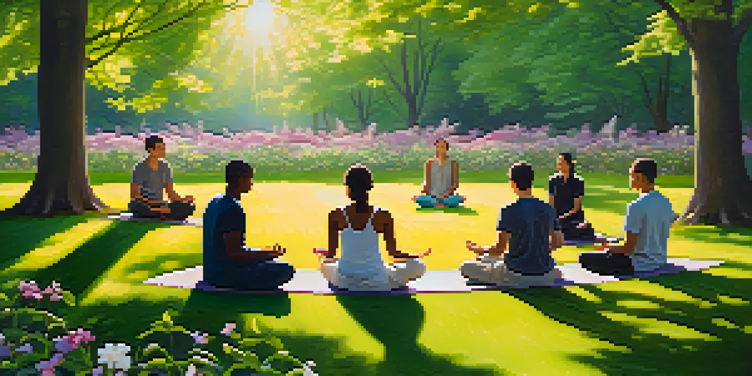 A group of people meditating in a green park, surrounded by flowers and trees, with sunlight filtering through the leaves.
