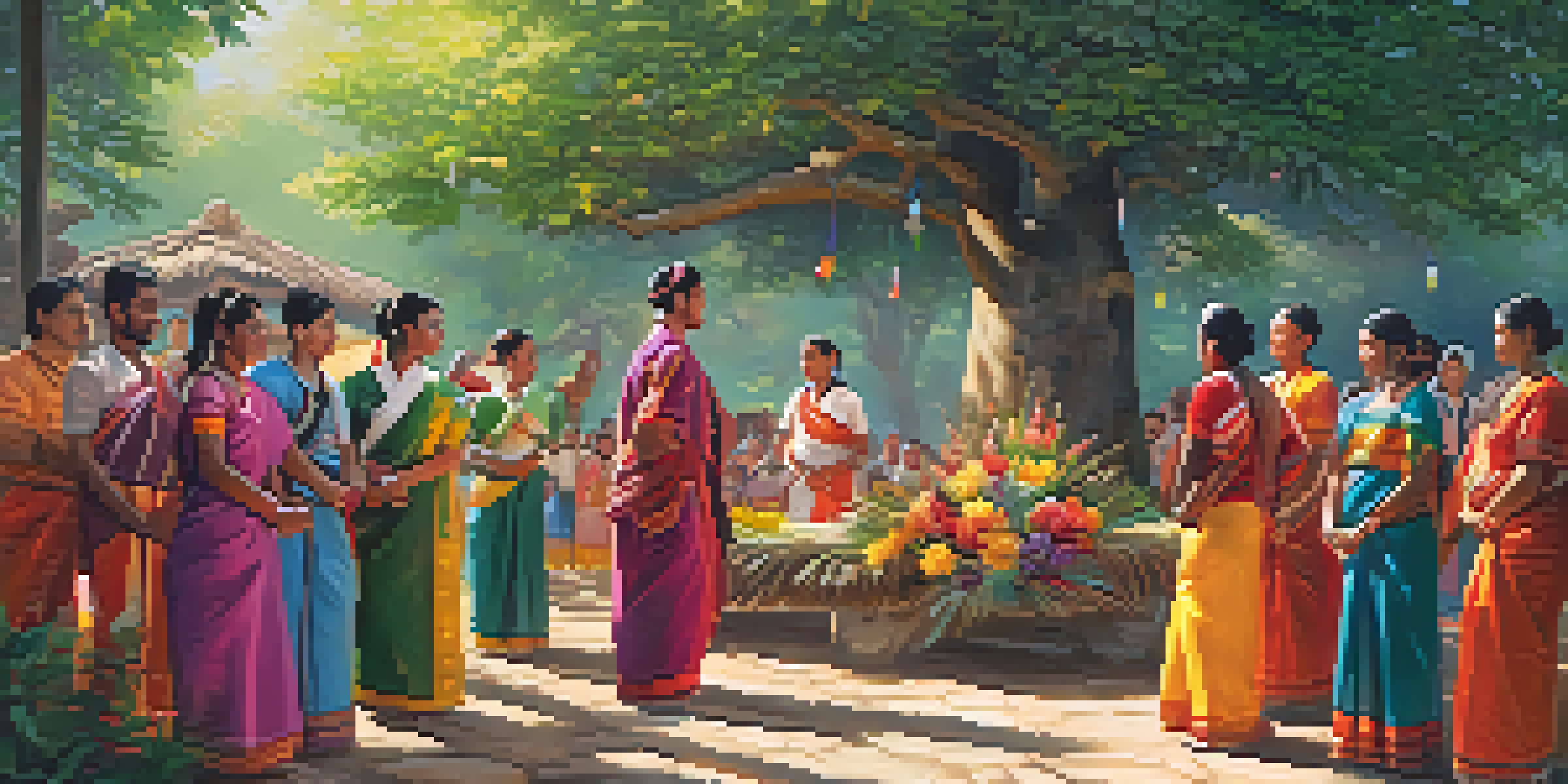 A diverse group of individuals participating in a traditional dance ritual outdoors, dressed in vibrant cultural clothing, with sunlight filtering through the trees.