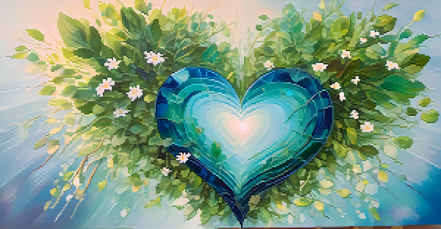 An abstract image of a broken heart mending, surrounded by vibrant colors and flowers, symbolizing emotional healing.
