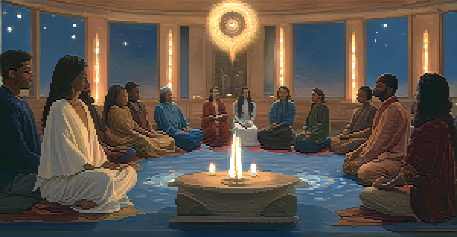 A group healing ceremony in a candle-lit room, participants sitting in a circle with a central altar.