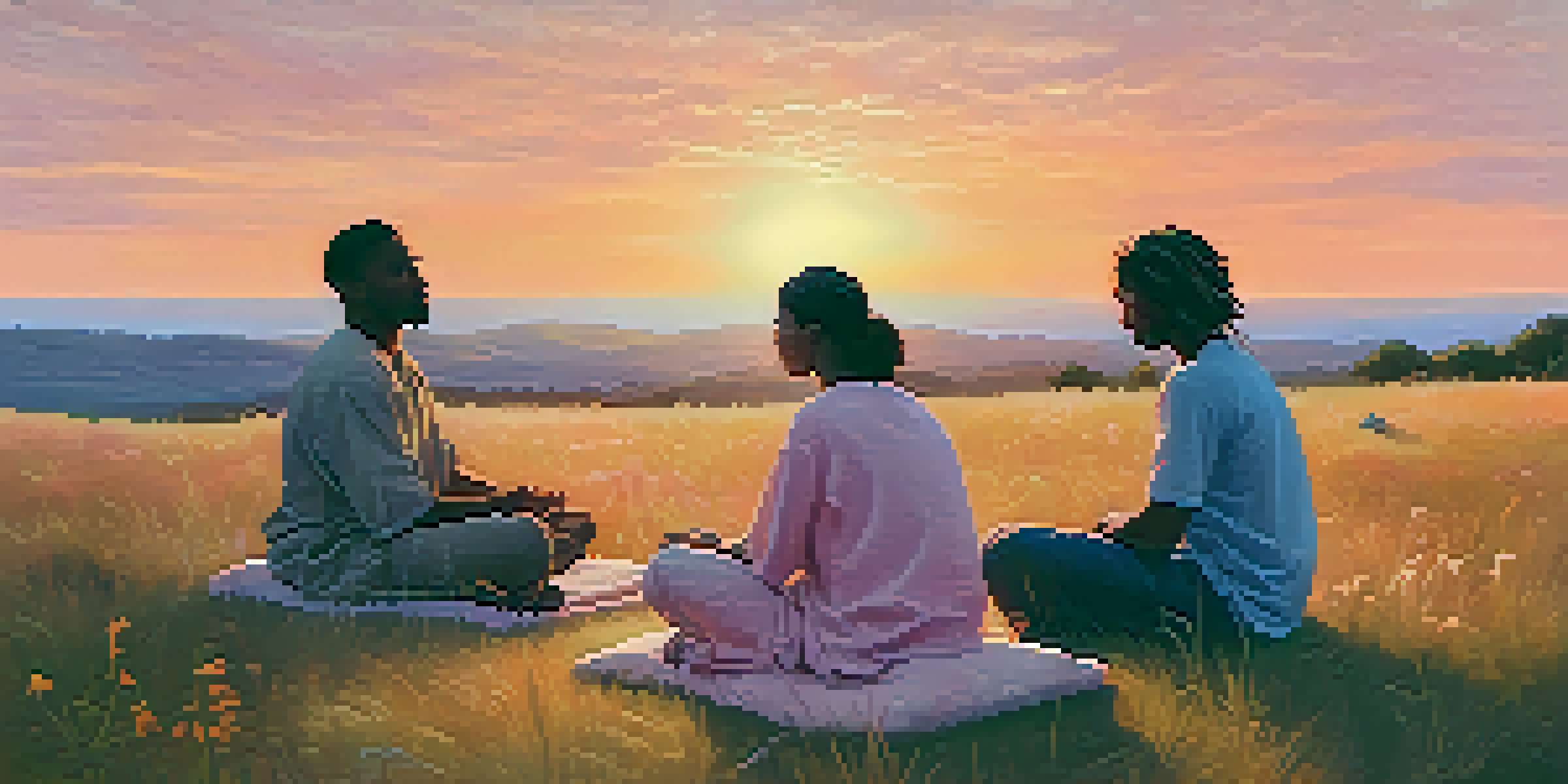 A diverse group of friends meditating together on a grassy hill during sunset, surrounded by nature.
