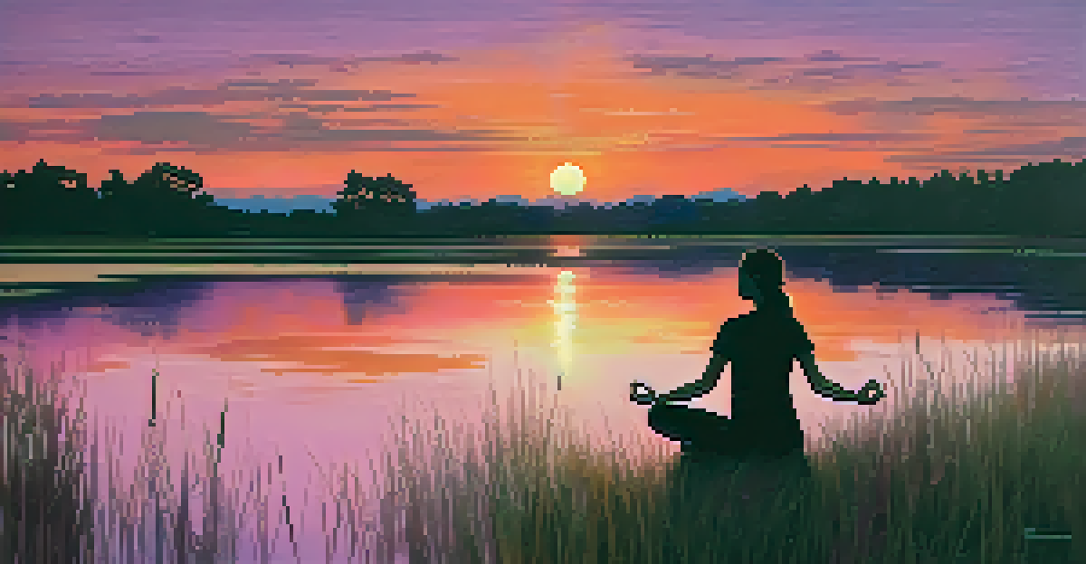 A person practicing yoga at sunset by a calm lake, with colorful sky reflections.