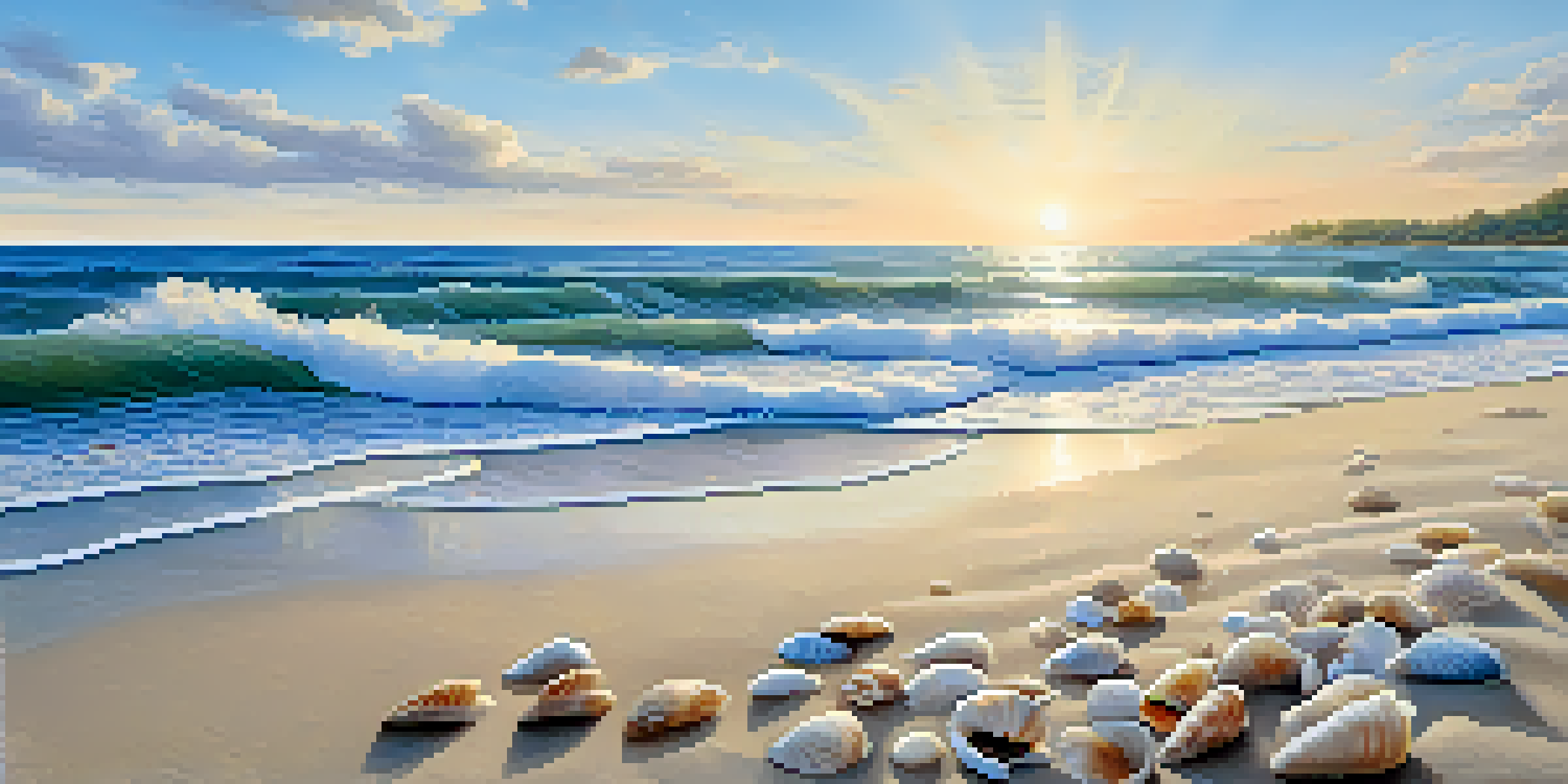 A peaceful beach scene with a blue sky, calm ocean, and gentle waves, featuring a sandy beach with colorful seashells.