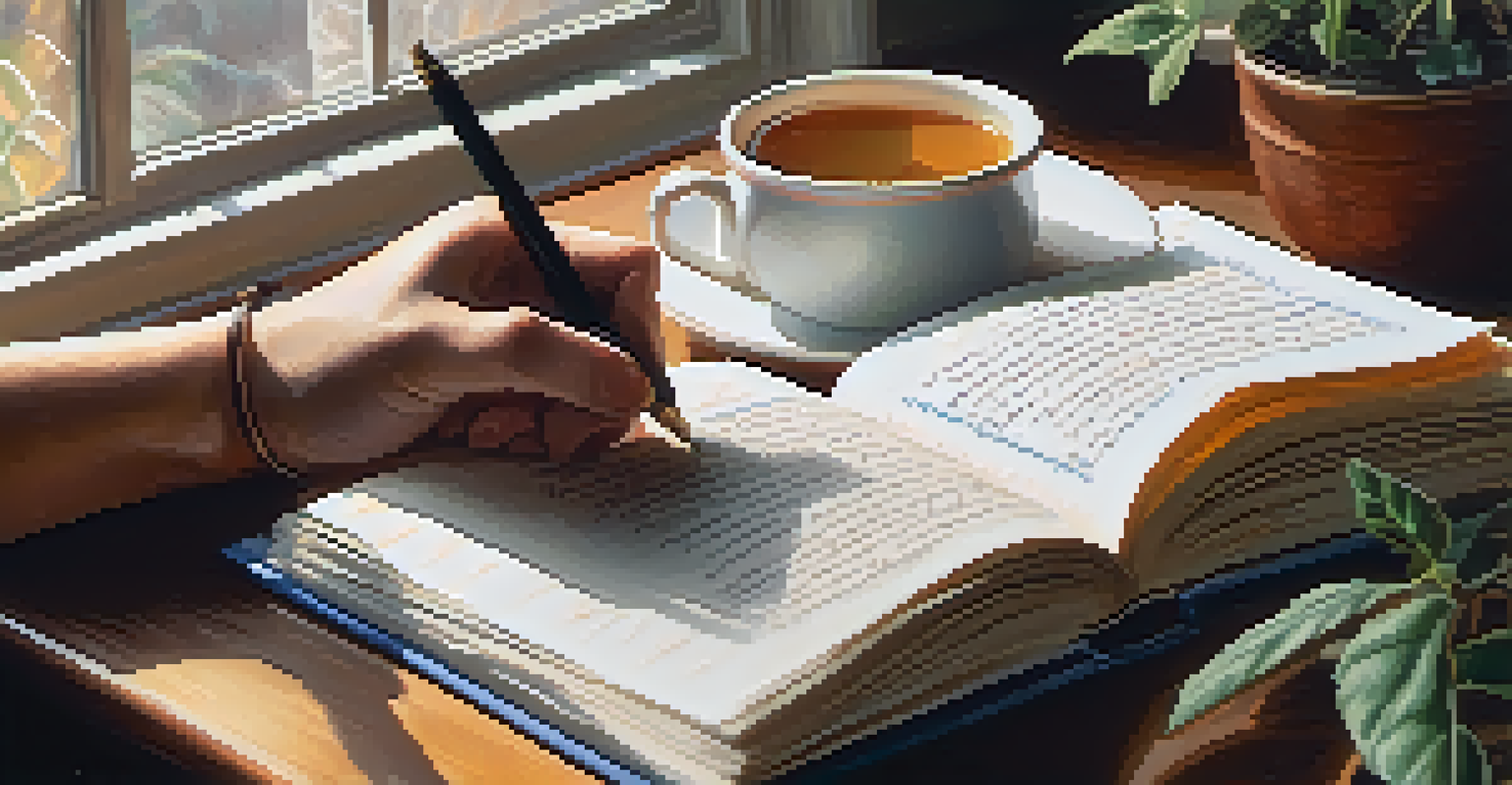 A close-up of hands writing in a gratitude journal, with plants and a cup of tea nearby, in a softly lit setting.