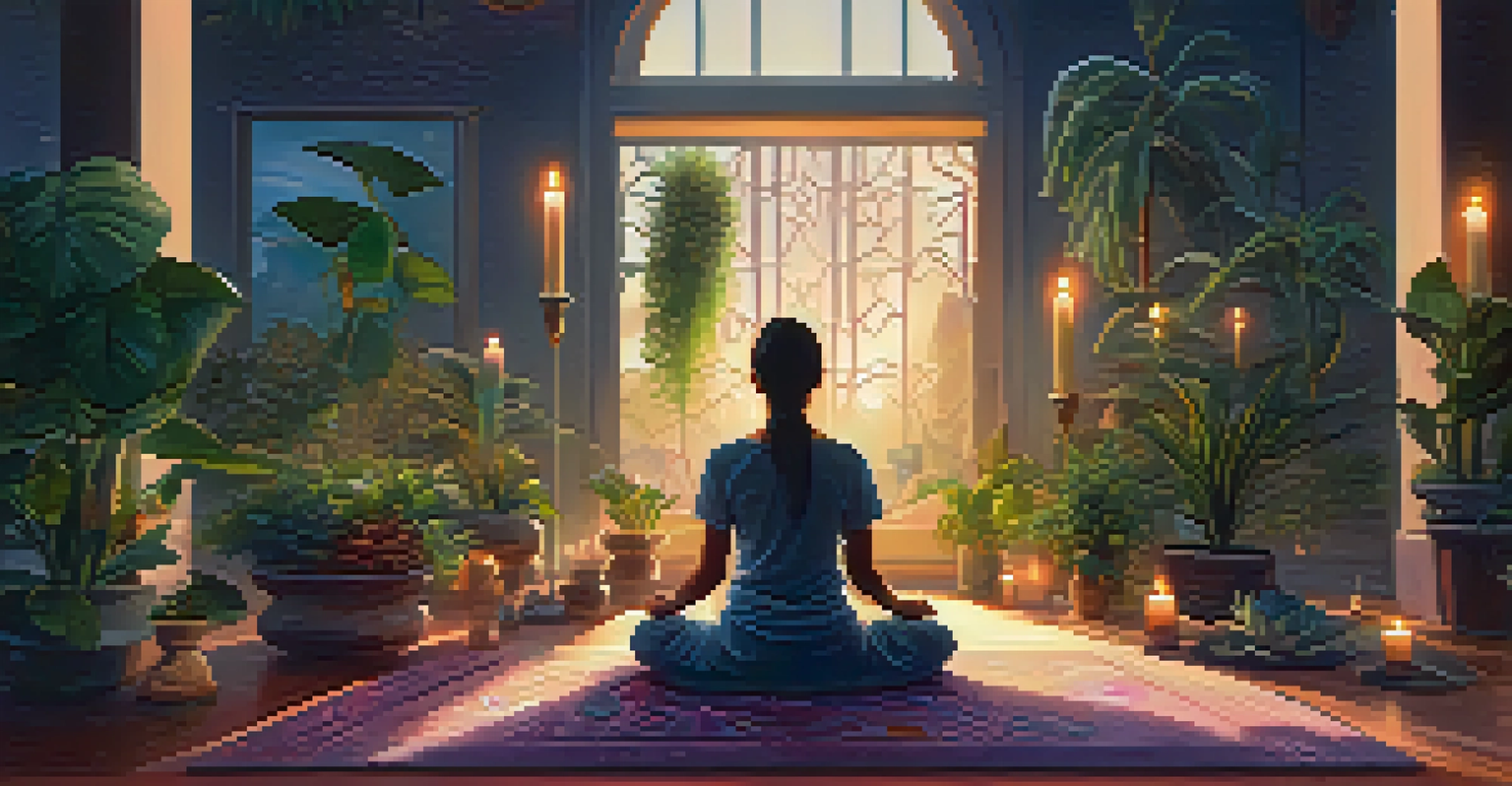 A person meditating in a softly lit room filled with plants, surrounded by colorful dream imagery.